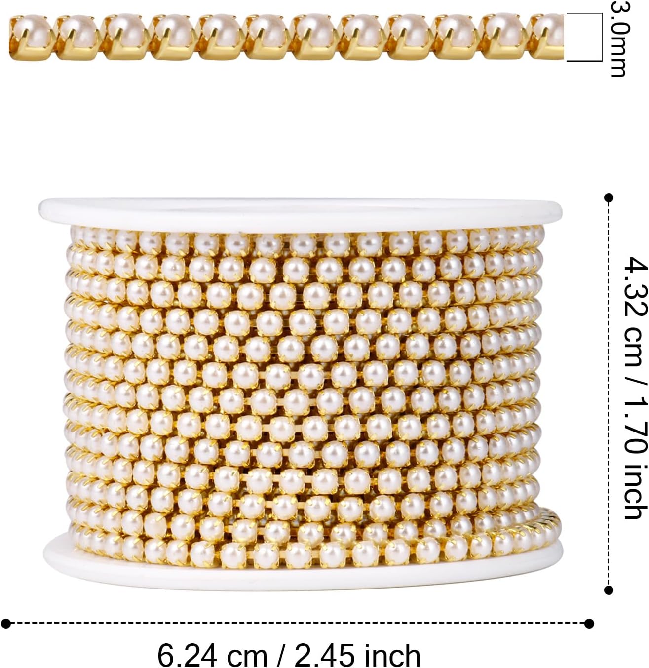 Pearl Trim Close Chain, [10 Yards/ 3.0MM] Gold Pearl Beaded Cup Chain Applique Trim for Sewing Crafts DIY Jewelry Making Clothing Wedding Party Decoration