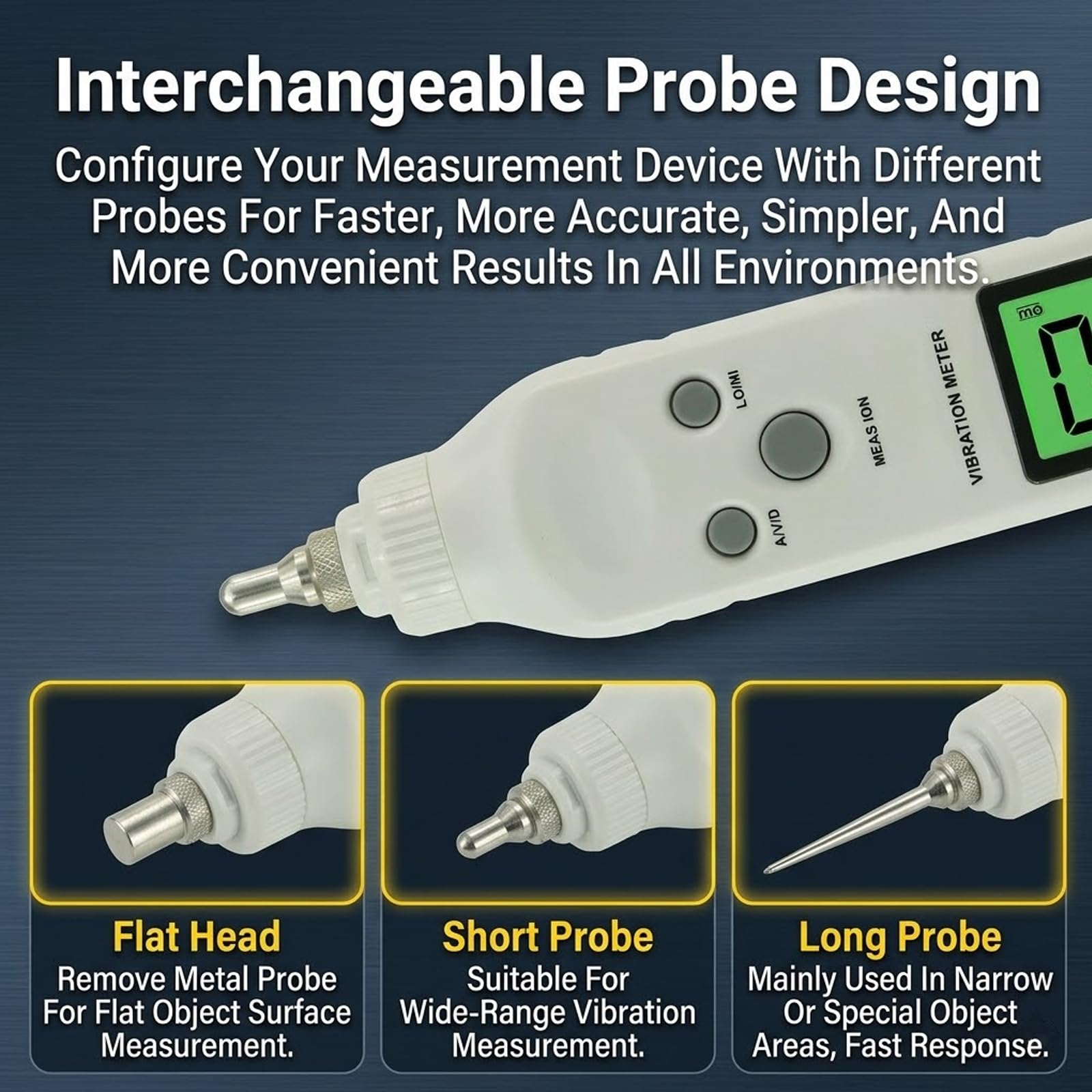 MObyat Probador Vibración Pluma, Medidor Vibración Digital Vibrómetro con LCD Retroiluminado, Sonda Alta Sensibilidad, 3 Modos, Lámpara Retroiluminación HD para Falla Mecánica