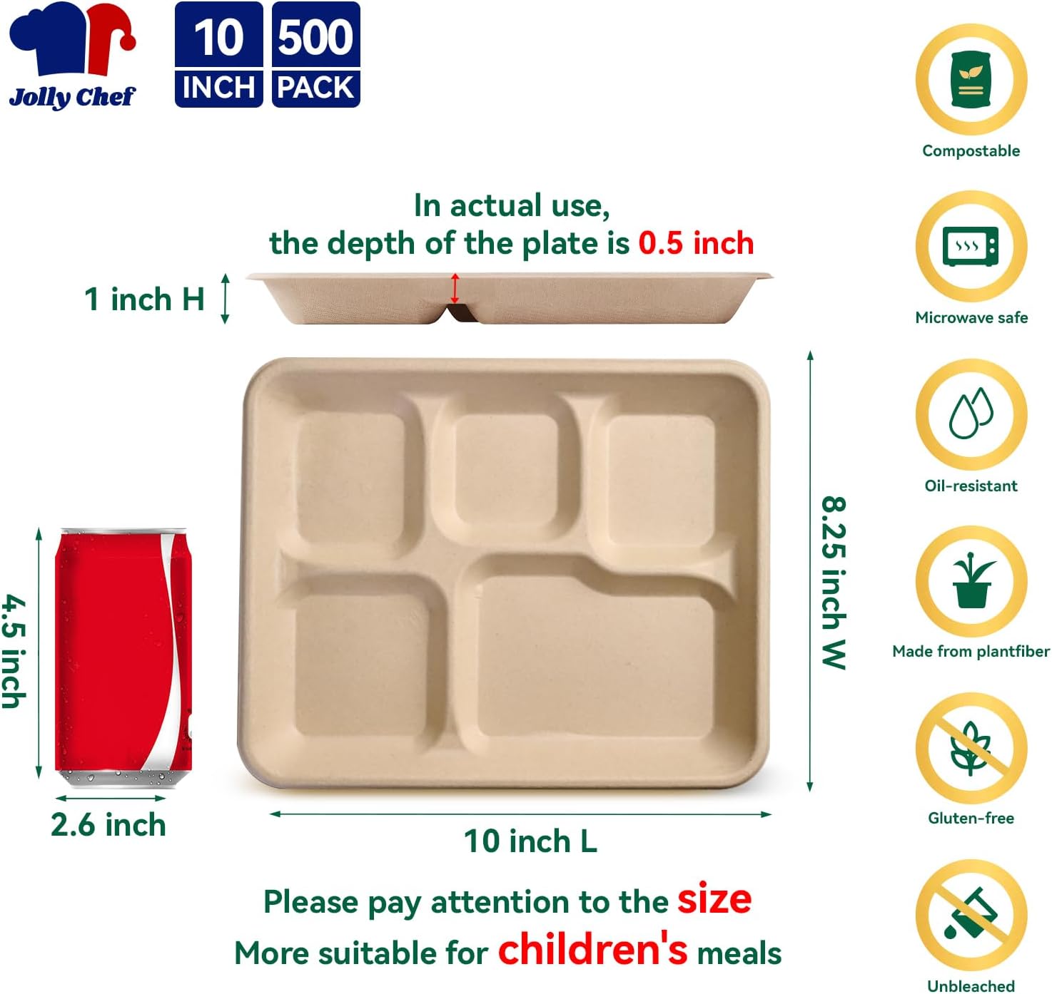 jolly chef compostable 5 compartment paper plates  heavy duty natural divided disposable eco-friendly biodegradable food trays for party lunch dinner christmas 11*8in-500pack brown
