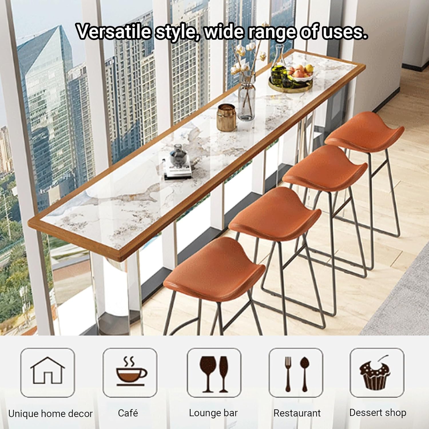 Modern Ash Wood High Bar Table with Acrylic Legs, Long Kitchen Breakfast Table, Slate Top Console for Balcony, 200x45x105cm (78.9x17.7x41.3in), No Stools Included