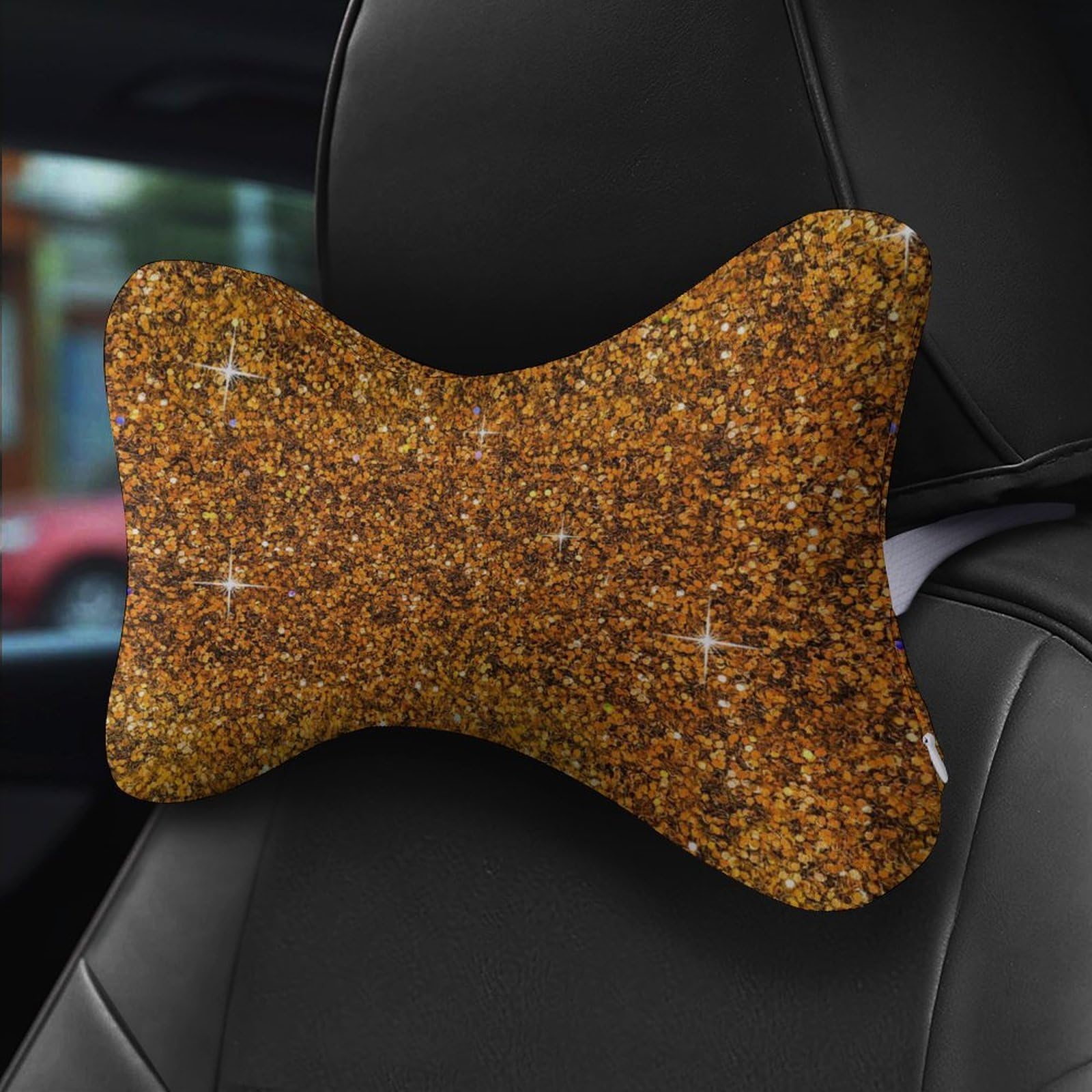 SMAZDFXX Glitter Orange Car Neck Pillow Set of 2 Car Seat Head Support Cushion Bone Pillows with Elastic Strap