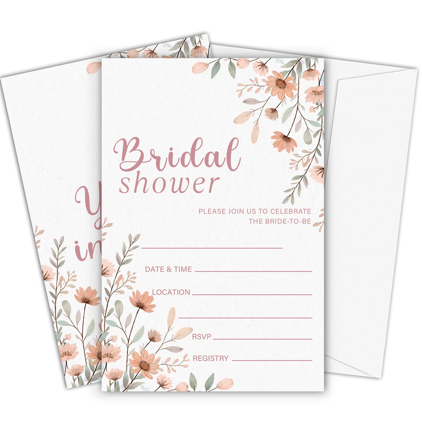 Fbitey Spring Floral Bridal Shower Invitations, Pink Flower Boho Bridal Shower Invites with Envelopes, Wedding Bridal Shower Party Decorations for