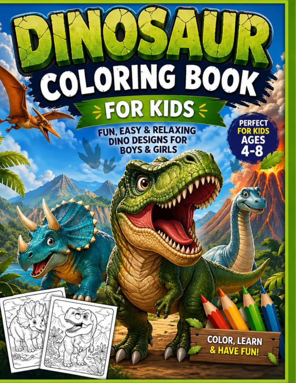 Dinosaur coloring book: Fun, easy & relaxing dino design for boys & girls