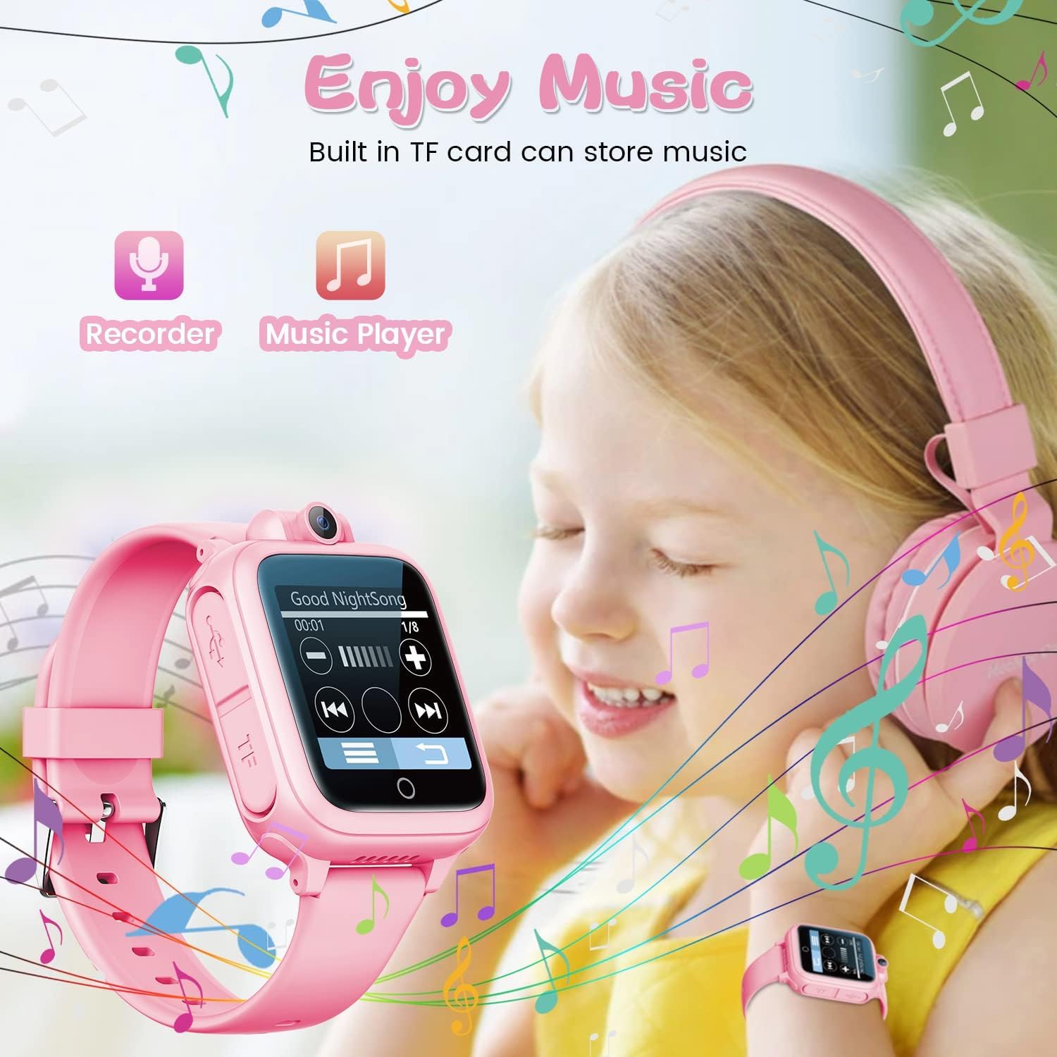 Awatty smartwatch bambini,smartwatch bimbi bimbi bimbi giocattoli bambini 3 4 5 6 7 8 9 10 11 12 anni con scheda micro SD fotocamera 14 giochi musica sveglia - rosa