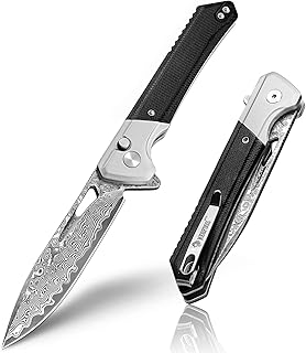 NedFoss ELF III Folding Knife, 8.5 cm Damask Pocket Knife Made of 67 Layers VG10 Steel with Button Lock, One-Handed Knife ...