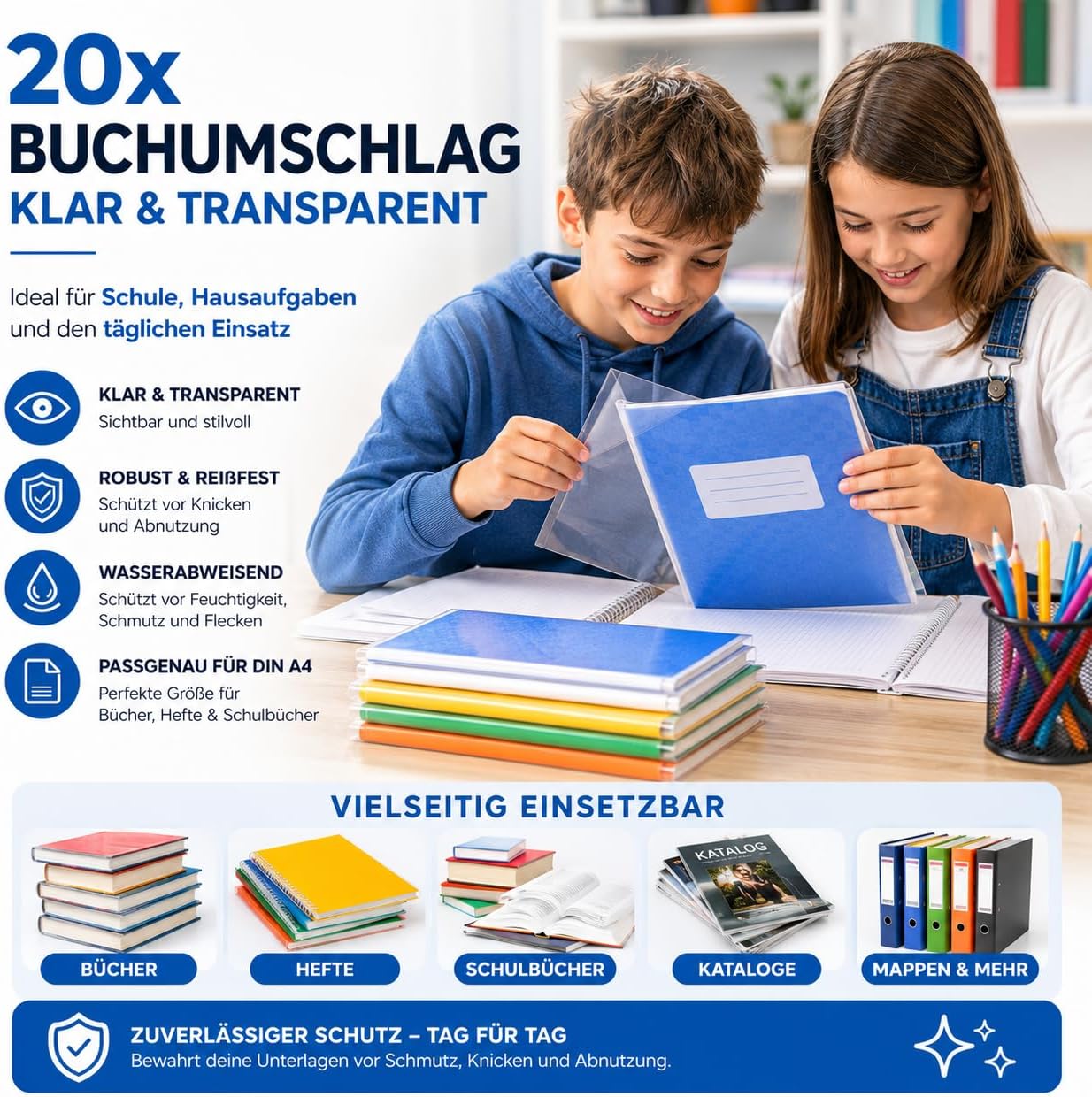 Boekomslagen, 20 x heldere en transparante omslagen en boekbescherming, DIN A4, ideaal voo - Analyse des détails et conception