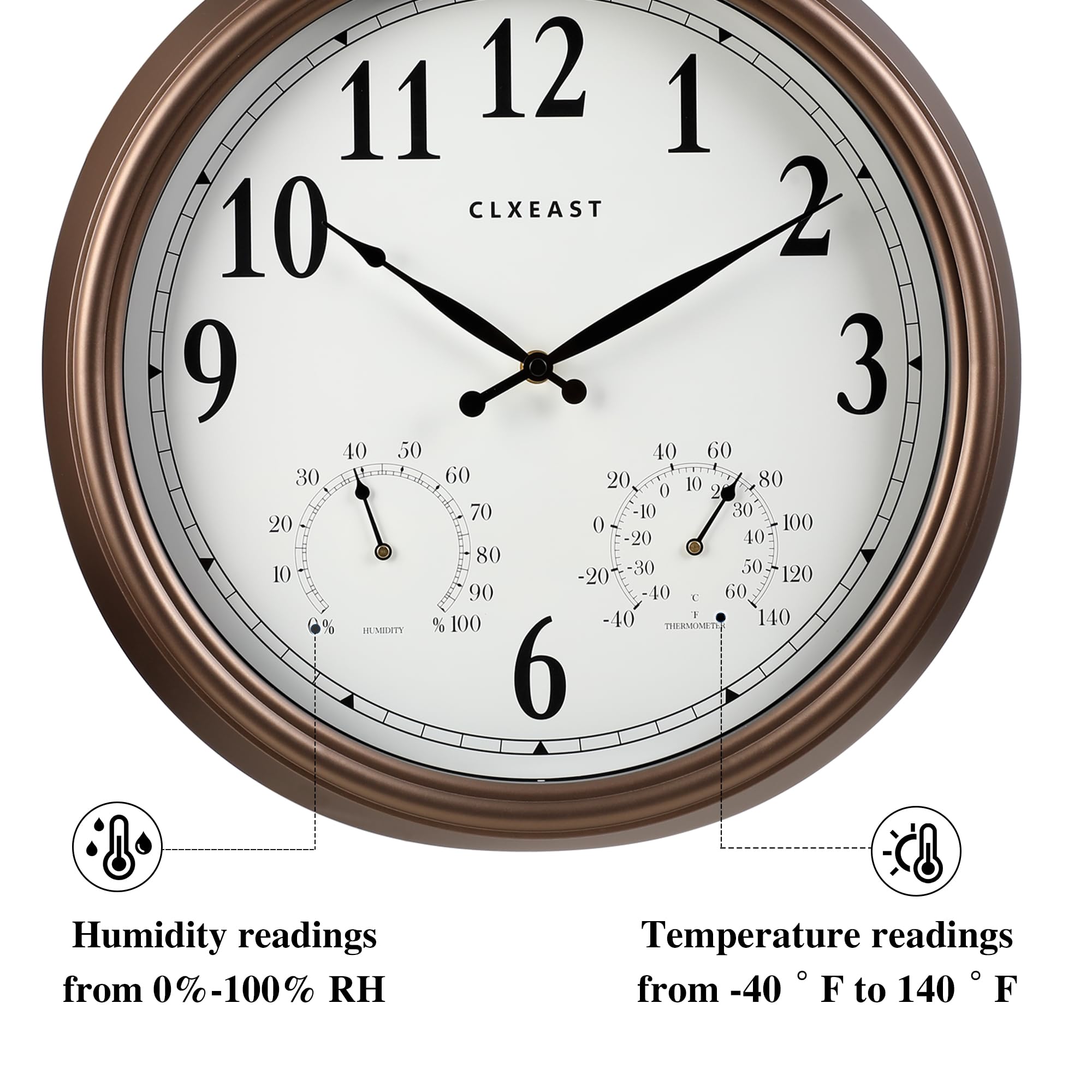 CLXEAST Uhr für drinnen und draußen, wasserdicht, 40,6 cm, große Outdoor-Uhr mit Thermometer und Hygrometer, Bronze/Dunkelbraun