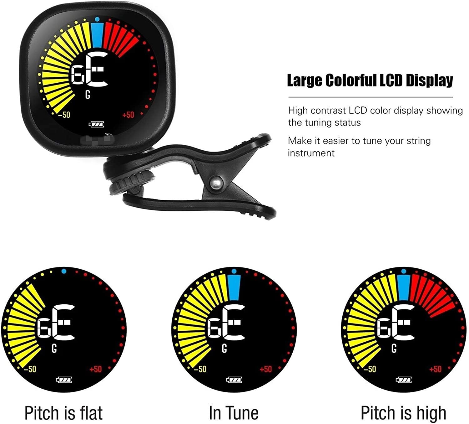 Tuner gitarowy Rechargeable Clip-On Guitar Tuner LCD Kolor Wyświetlacz Clip-On Tuner Odpowiedni dla wielu instrumentów