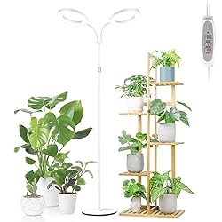 LBW Full Spectrum Grow Light with Stand – Auto Timer (4/8/12H), 4 Dimmable Levels, Adjustable Height (48.8-64.6"), Ideal for Large Indoor Plants, White, Dual-Head