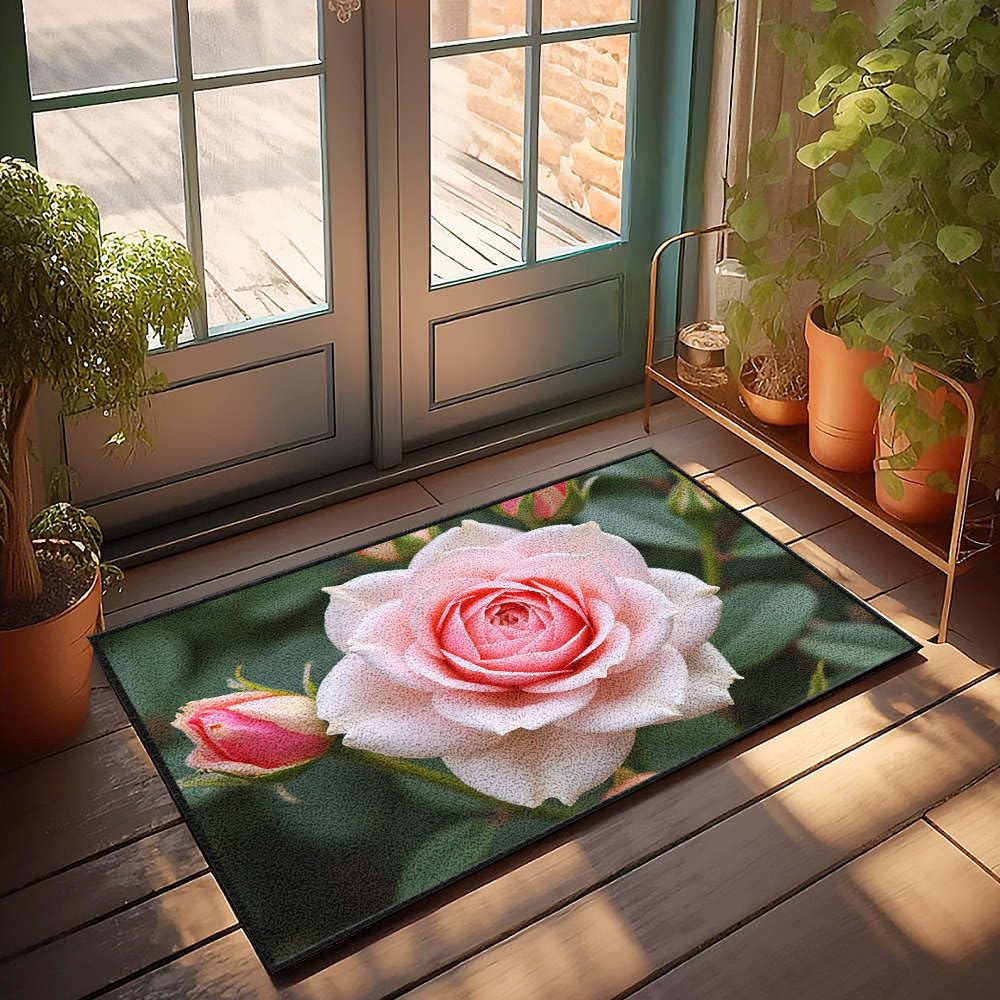 Tapis de bienvenue porte entrée absorbant motif rose fleurie 50x80