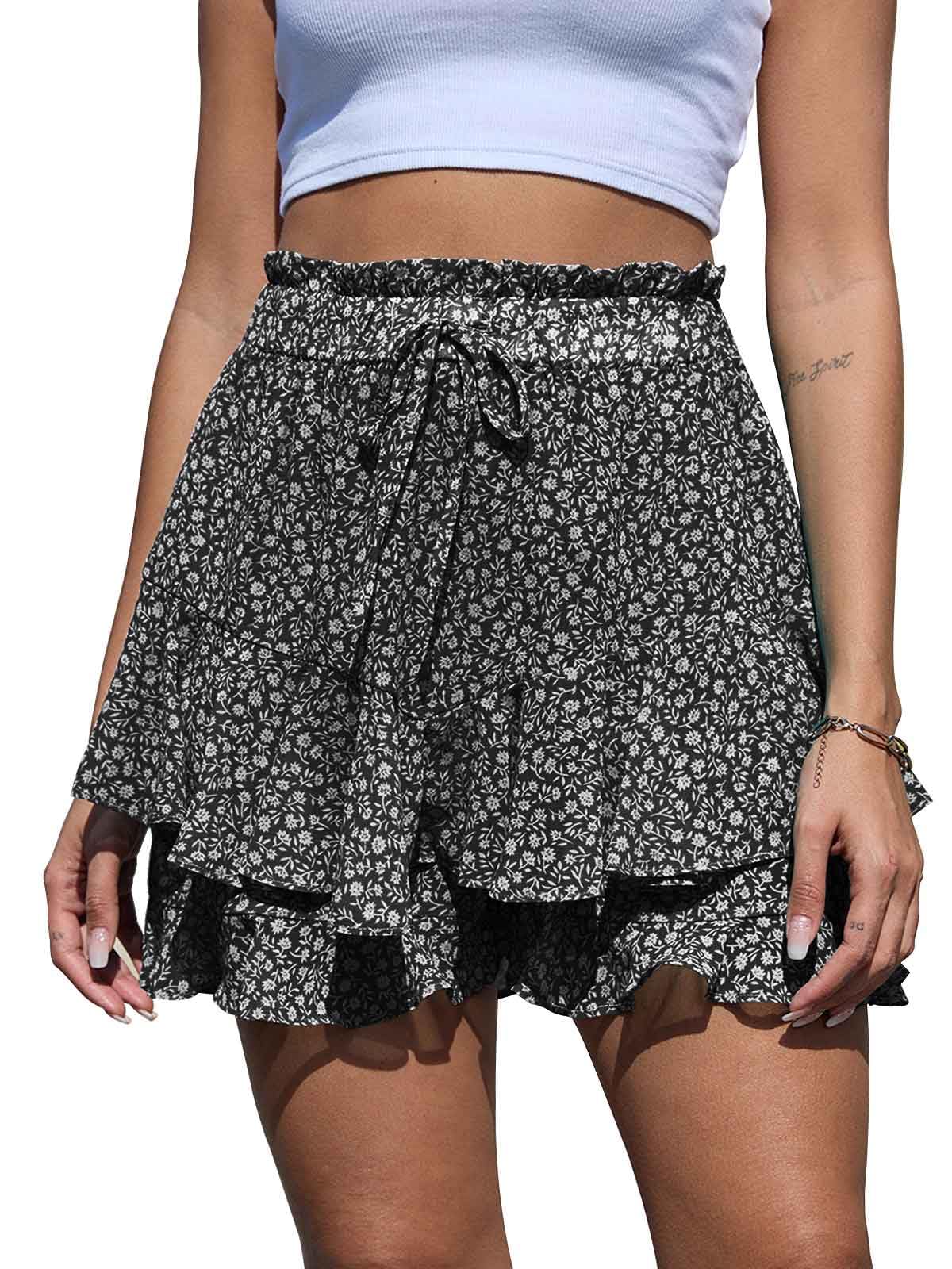CheChury Pantalón Corto Mujer Gasa Shorts Falda Volante Alta Cintura Estampado Floral Casual con Cordón Bermudas Playa Boho