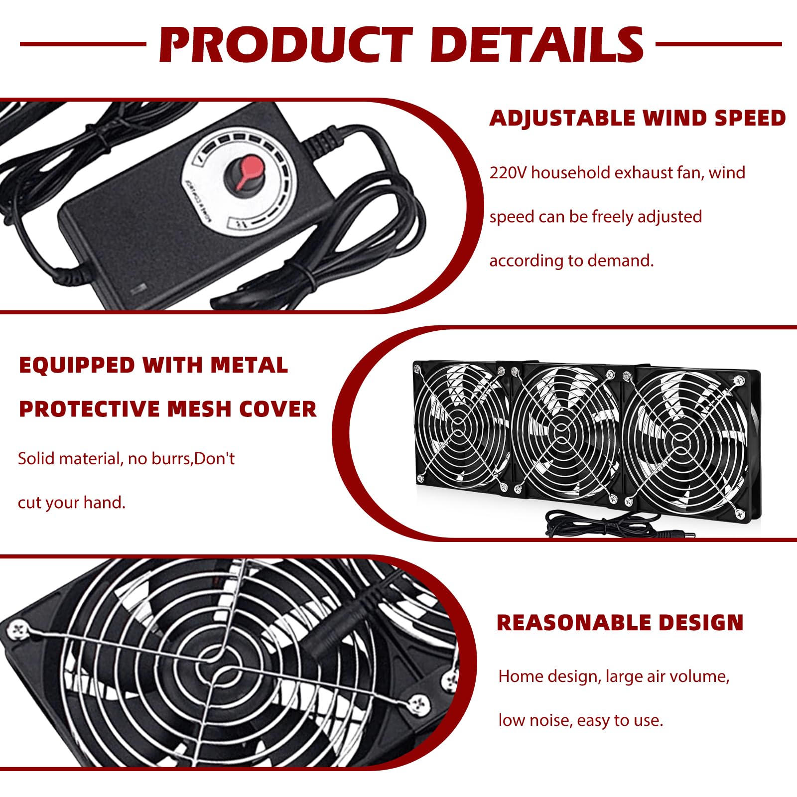 Ventilateur 120 mm avec contrôle de vitesse 220 V - Ventilateur de refroidissement sans balais avec couvercle en métal - Grand volume d'air - Ventilateur d'extraction silencieux pour ordinateur