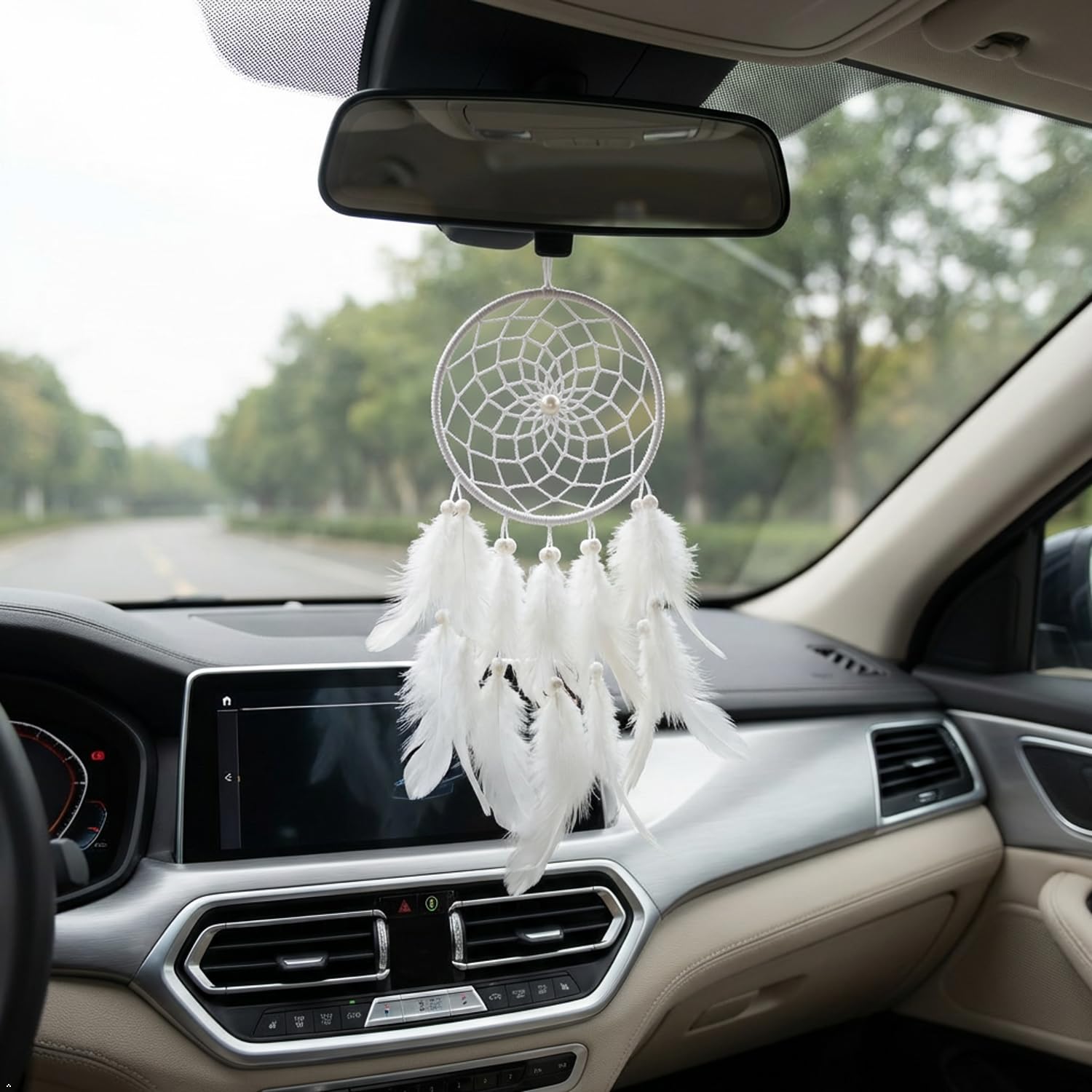 Dream Catchers for Cars |Car Hanging Decorative Showpiece| Fine Quality Metal car Hanging Ornaments, Decor Accessories| Size- 9X.5x23 Cm(White)-image-7