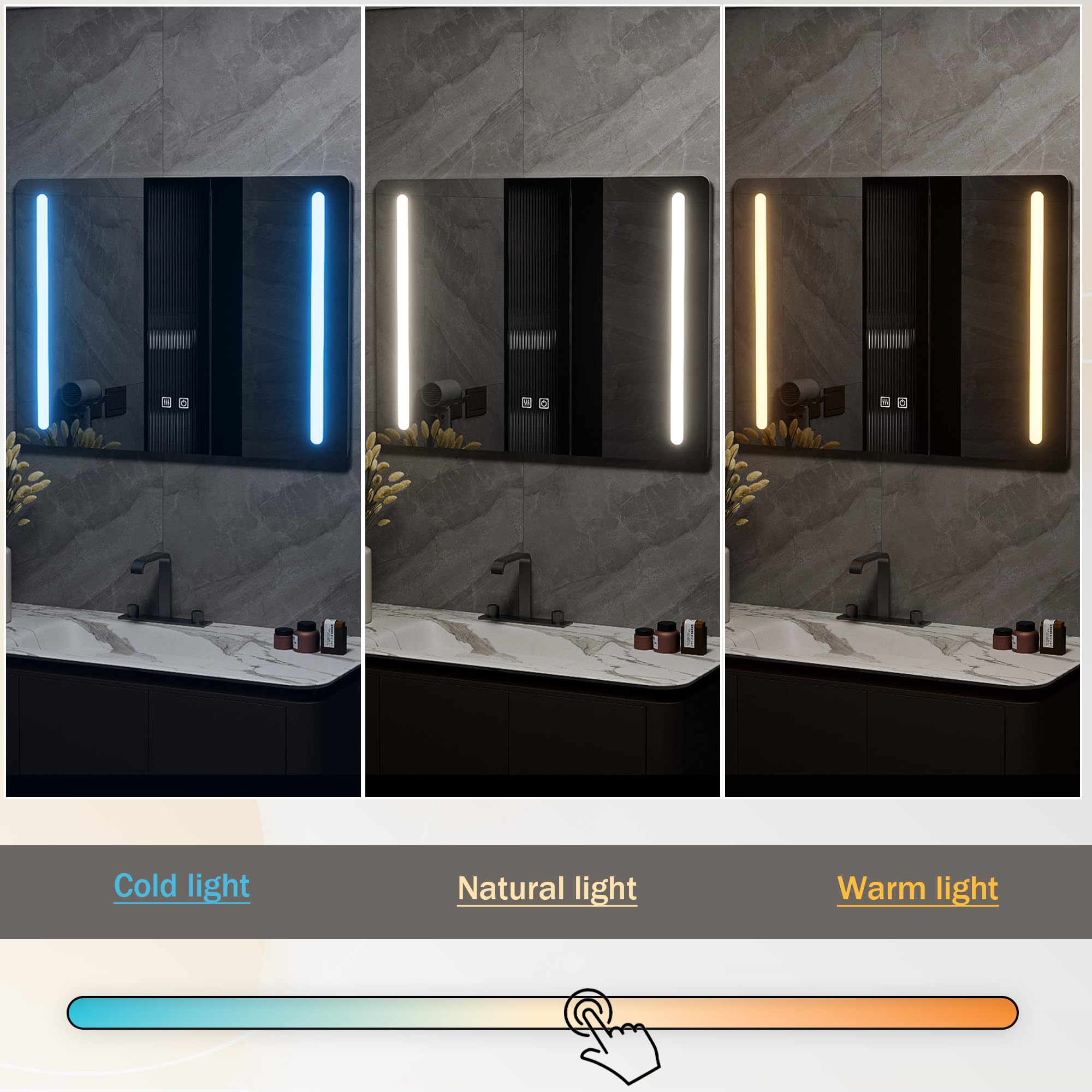 Espejo de baño con luz y antivaho, 80 x 60 cm, rectangular, espejos de pared para baño con LED iluminado, ajustable en 3 colores (enchufe estándar europeo)