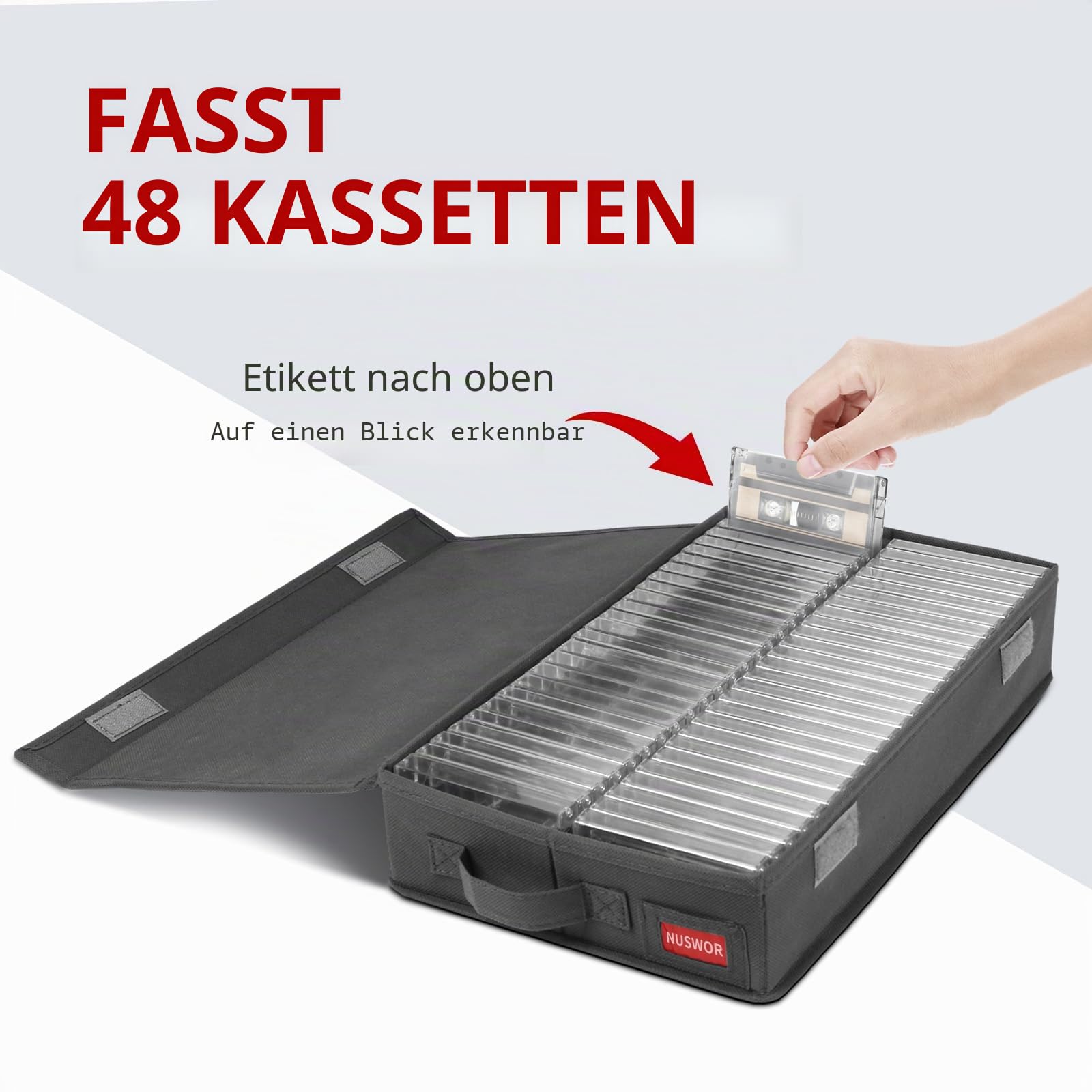 NUSWOR Stapelbare Kassetten-Aufbewahrungsbox – Staubdichte Kassettenregale mit Deckel – Audio-Kassettenhalter 3 Stück – Hält 144 Kassettenhüllen – 16,34 x 9,25 x 3,4 Zoll – Grau