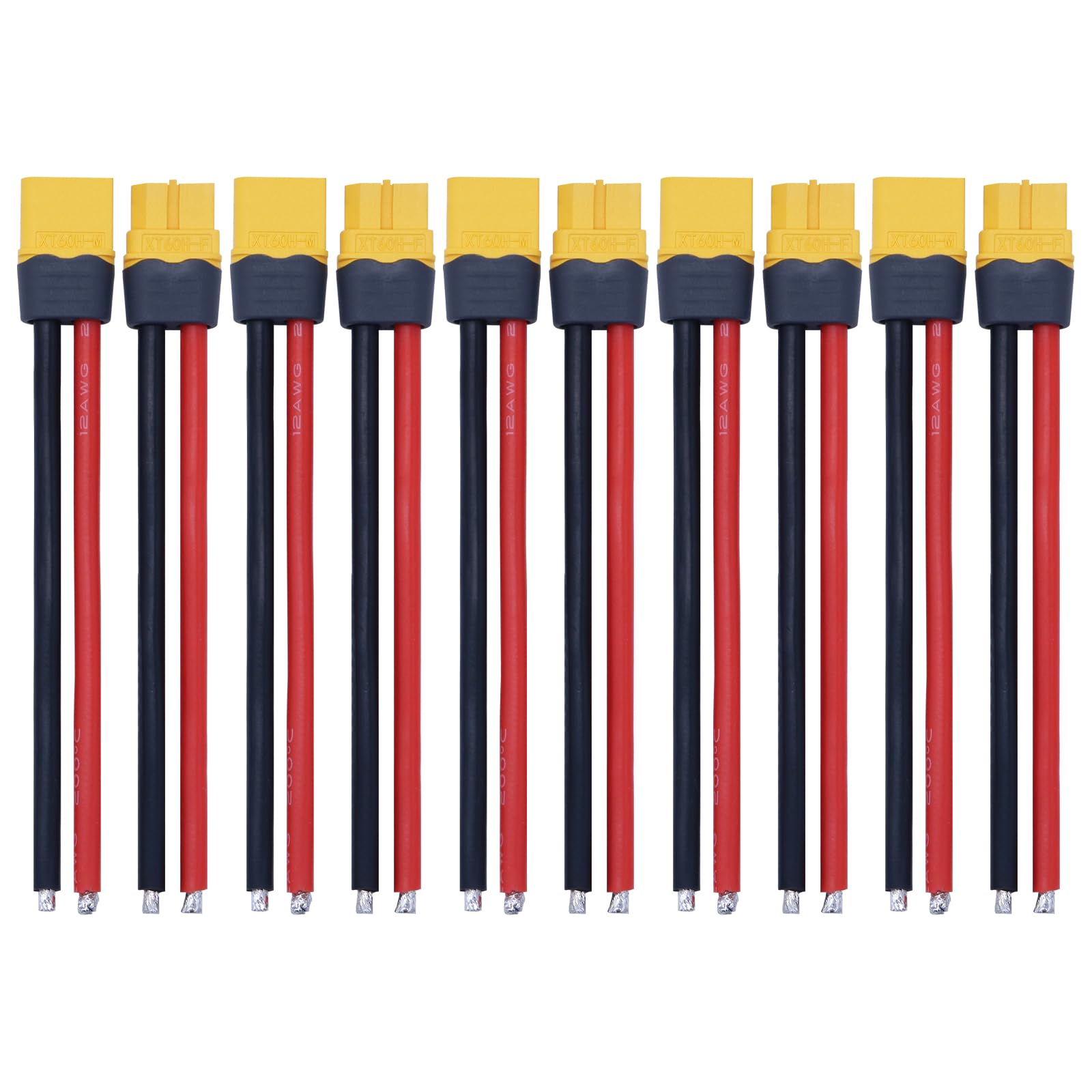 Tosiicop XT60H Connector Plug Cable - 5 Pairs Female and Male Universal XT60 Extension cables with 12AWG Silicon Wire Cables for RC Lipo Battery Connectors Drone Car Boat 100mm (5 Female and 5 Male)