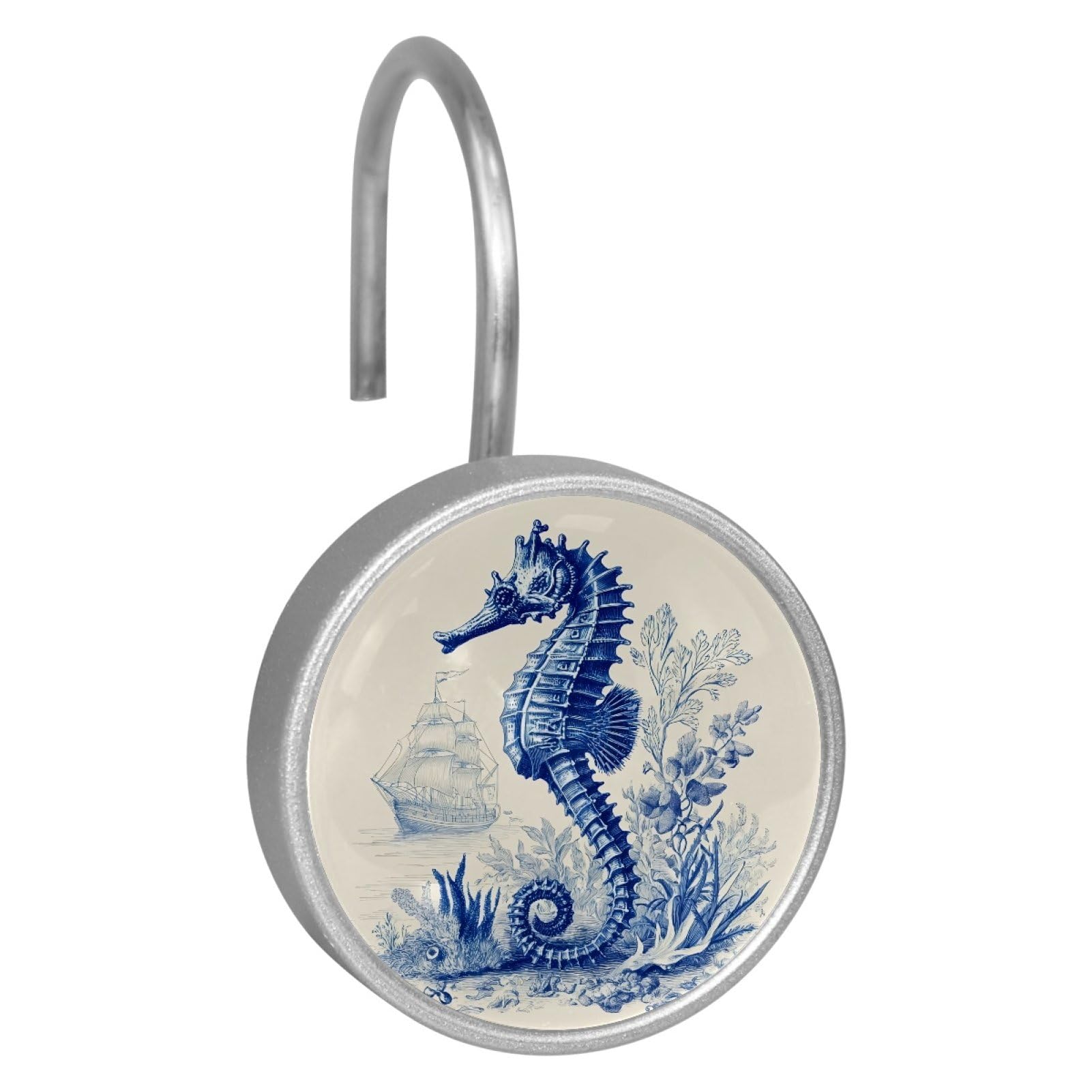 Set of 12 Stainless Steel Shower Curtain Hooks, Shower Rings for Bathroom, Rustproof Decorative Shower Hangers for Bedroom Living Room Shower Curtain Rod (Blue Seahorse Sea Grass)