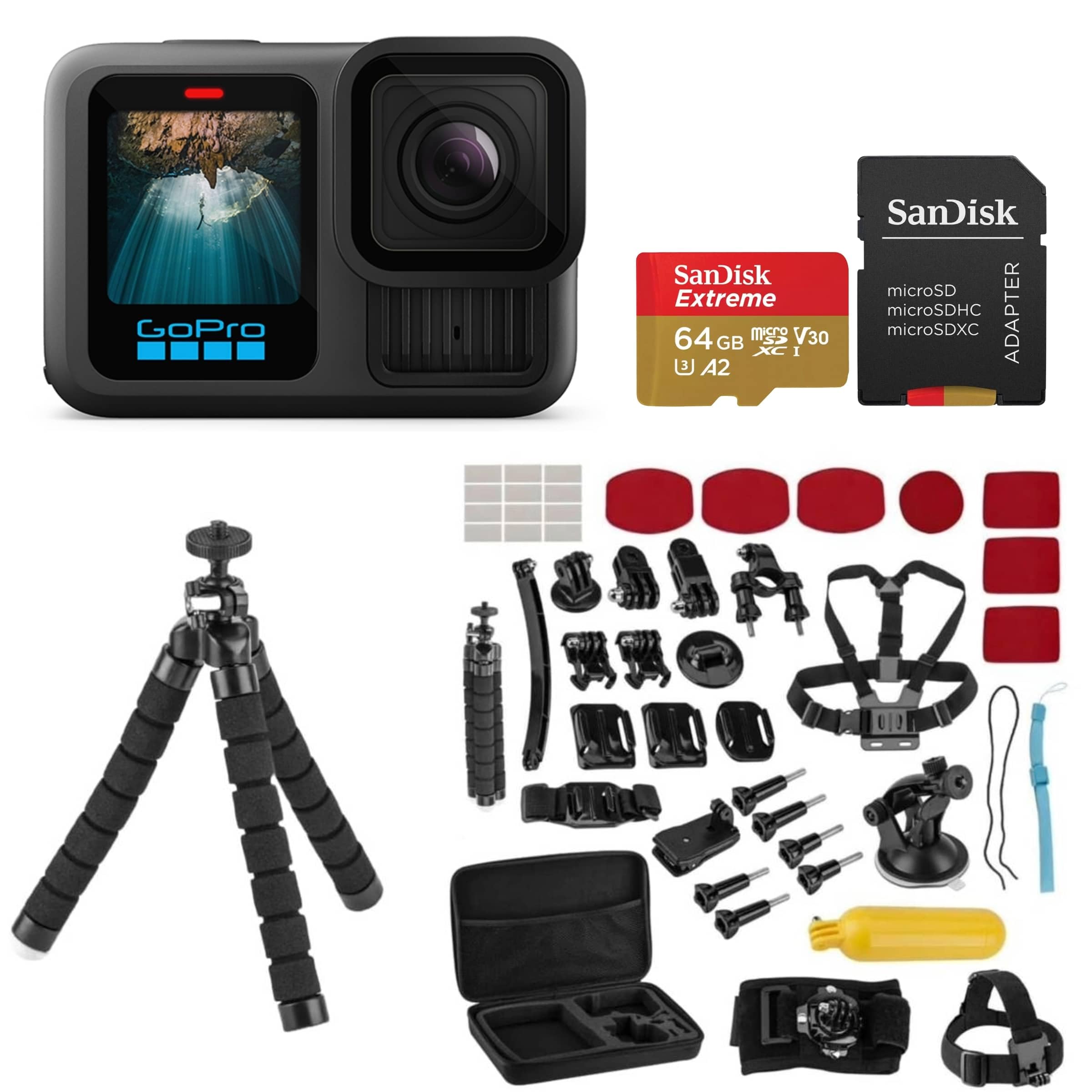 GoPro HERO13 Black - Waterproof Action Camera with 5.3K60 Video, 27MP Photo, Bundle with Froggi Extreme Sport 47-pc Accessories Kit, 64GB microSD Card