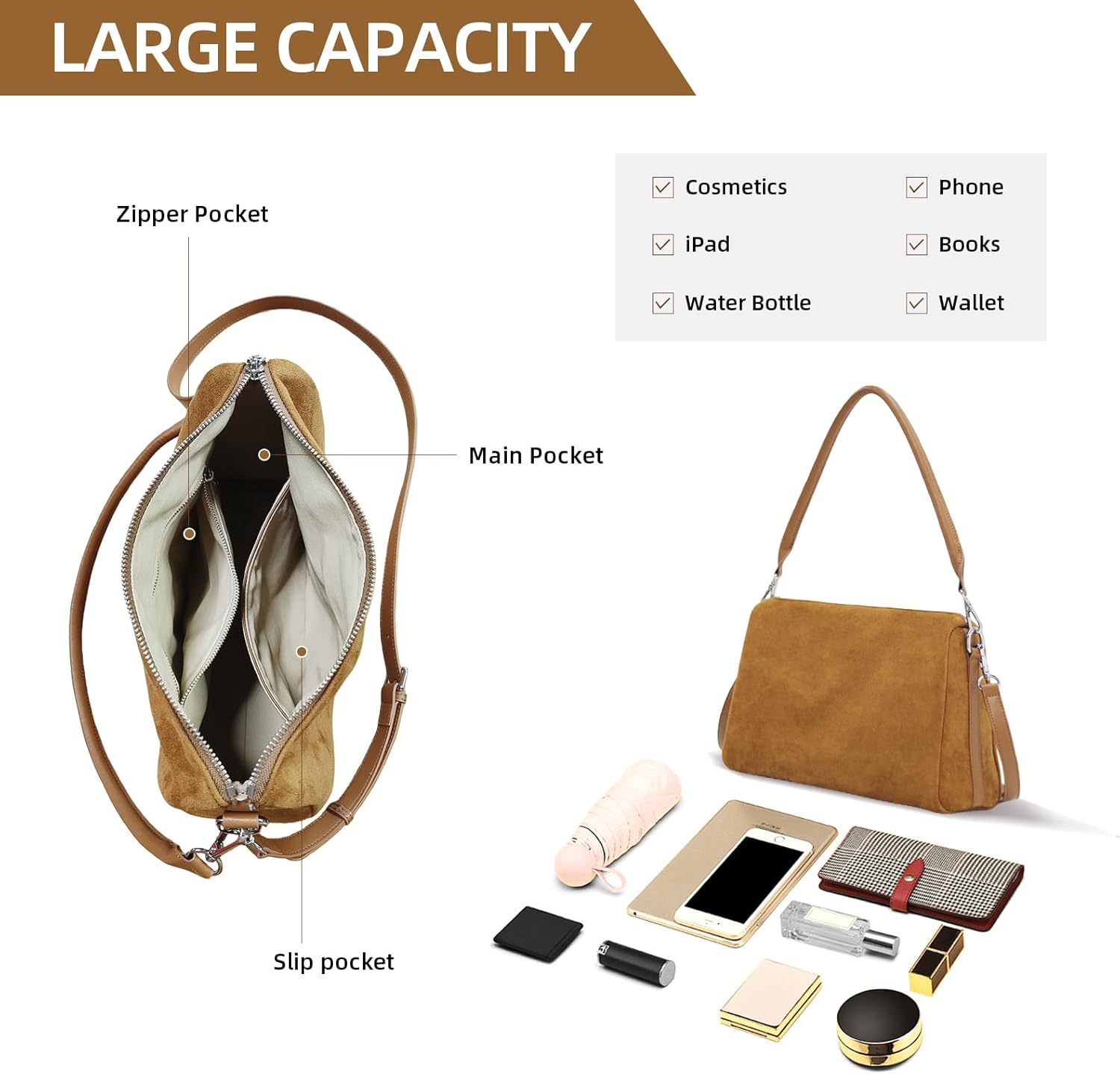 Suede Tote Bags for Women, Suede Purse Handbag Vintage Slouchy Hobo Shoulder Crossbody Bag - Image 6