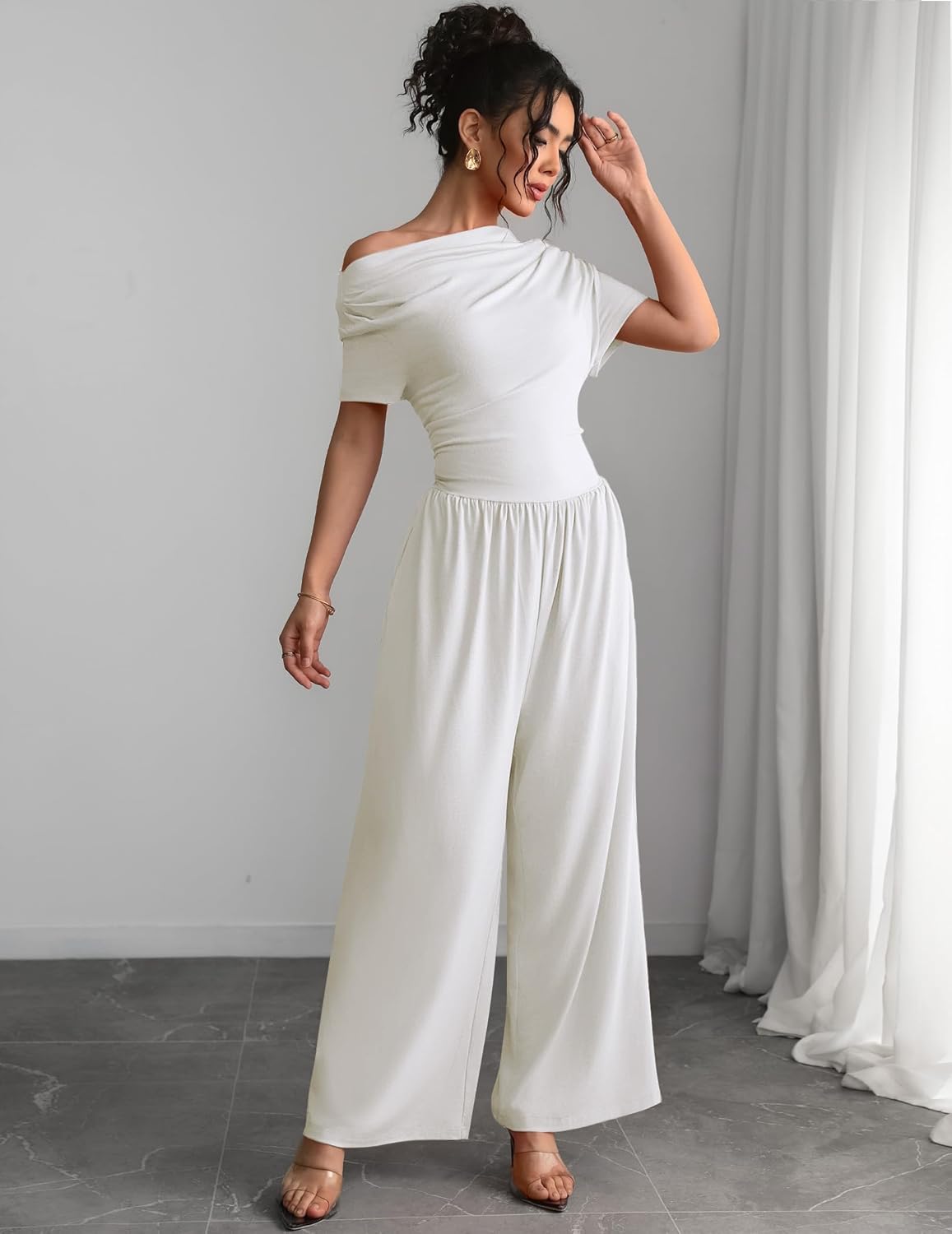 Women's Jumpsuits Dressy Casual Off Shoulder Jumpsuit Boat Neck Wide Leg Long Pant Romper One Piece Outfits - Image 4