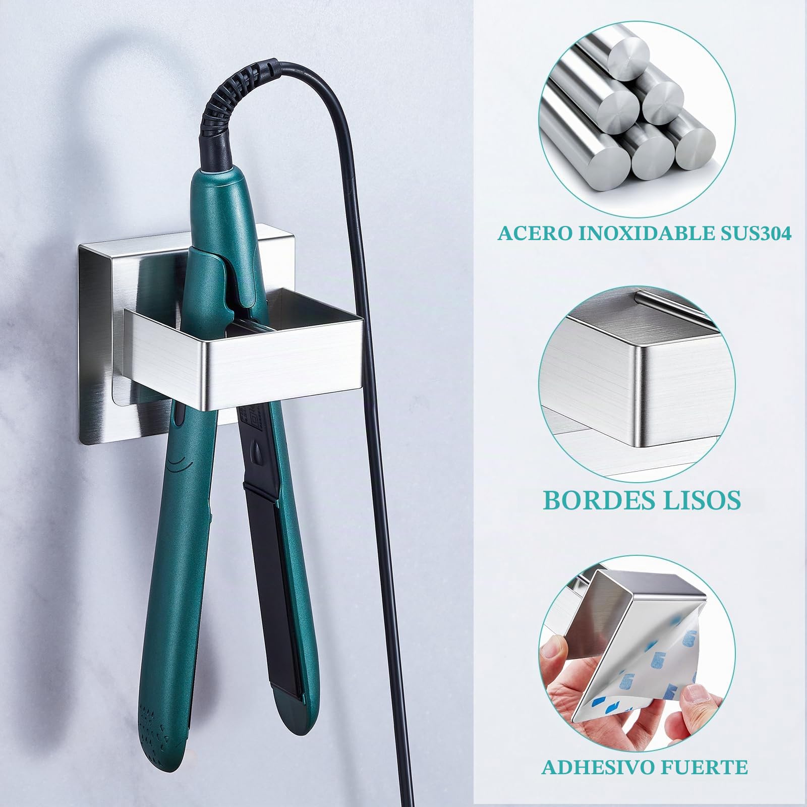 Soporte para plancha de pelo, porta para secador de pelo de pared sin taladrar, porta para rizador, soporte adhesivo para secador, para baños, peluquerías y tocadores (Plata)
