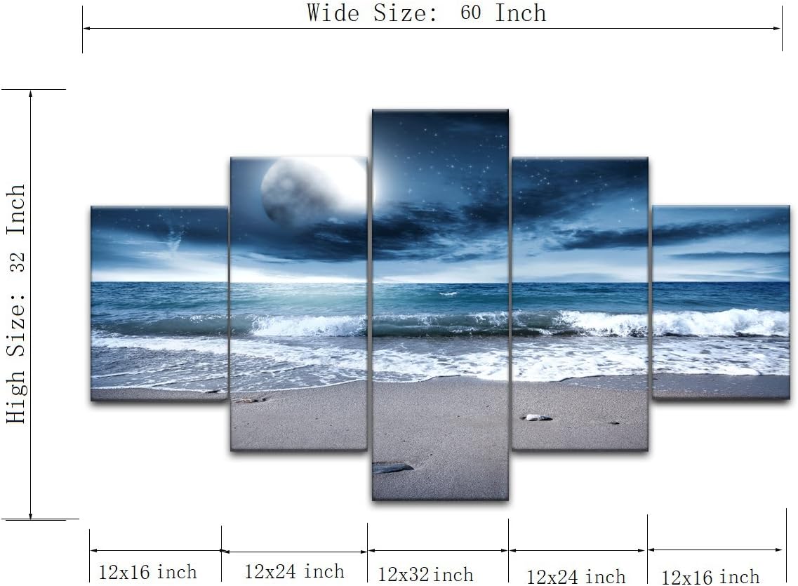 Buу 2 gеt 3 Yatsen Bridge 5 Panels Modern Ocean Artwork Wall Decor Full Moon Night Ocean Prints and Posters Stretched by Wooden Frame Ocean Picture for Living Room Bedroom Decor - 60''W x 32''H