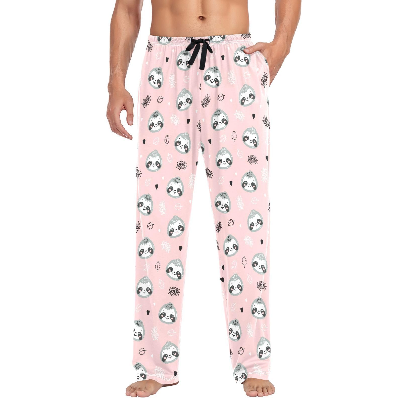 Pyjamahose für Herren, Faultiergesicht, tropisches Blatt, 100 % Baumwolle, Schlafhose, gerade Passform, Pyjamahose mit Taschen, Kordelzug, Größe L, mehrfarbig, L