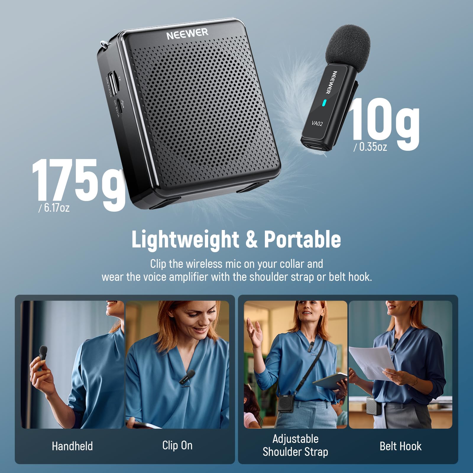 NEEWER VA02 Amplificatore Vocale con Microfono Wireless, Set Mic e Megafono Altoparlante Portatile Mini USB C Ricaricabile Antirumore, 10 Ore, Portata 15m per Aula Insegnanti Formatori Guida Turistica