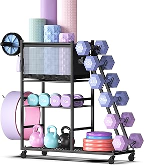Mythinglogic Dumbbell Rack for Home Gym, Weight Rack for Dumbbells,Yoga Mat Holder for Yoga Mat and Kettlebells, Multifunctional Home Gym Storage Rack with Casters