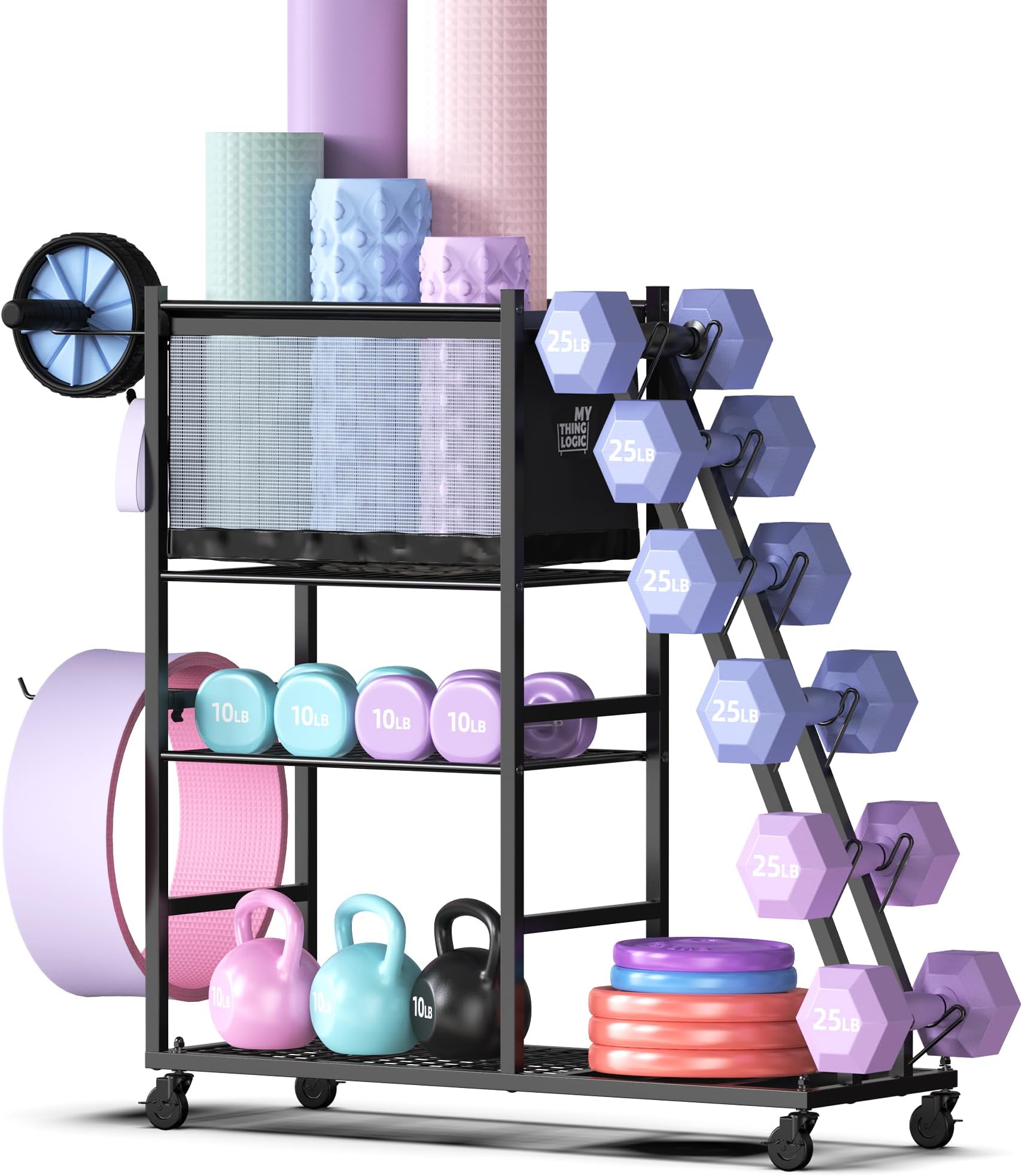 Mythinglogic Dumbbell Rack for Home Gym, Weight Rack for Dumbbells,Yoga Mat Holder for Yoga Mat and Kettlebells, Multifunctional Home Gym Storage Rack with Casters