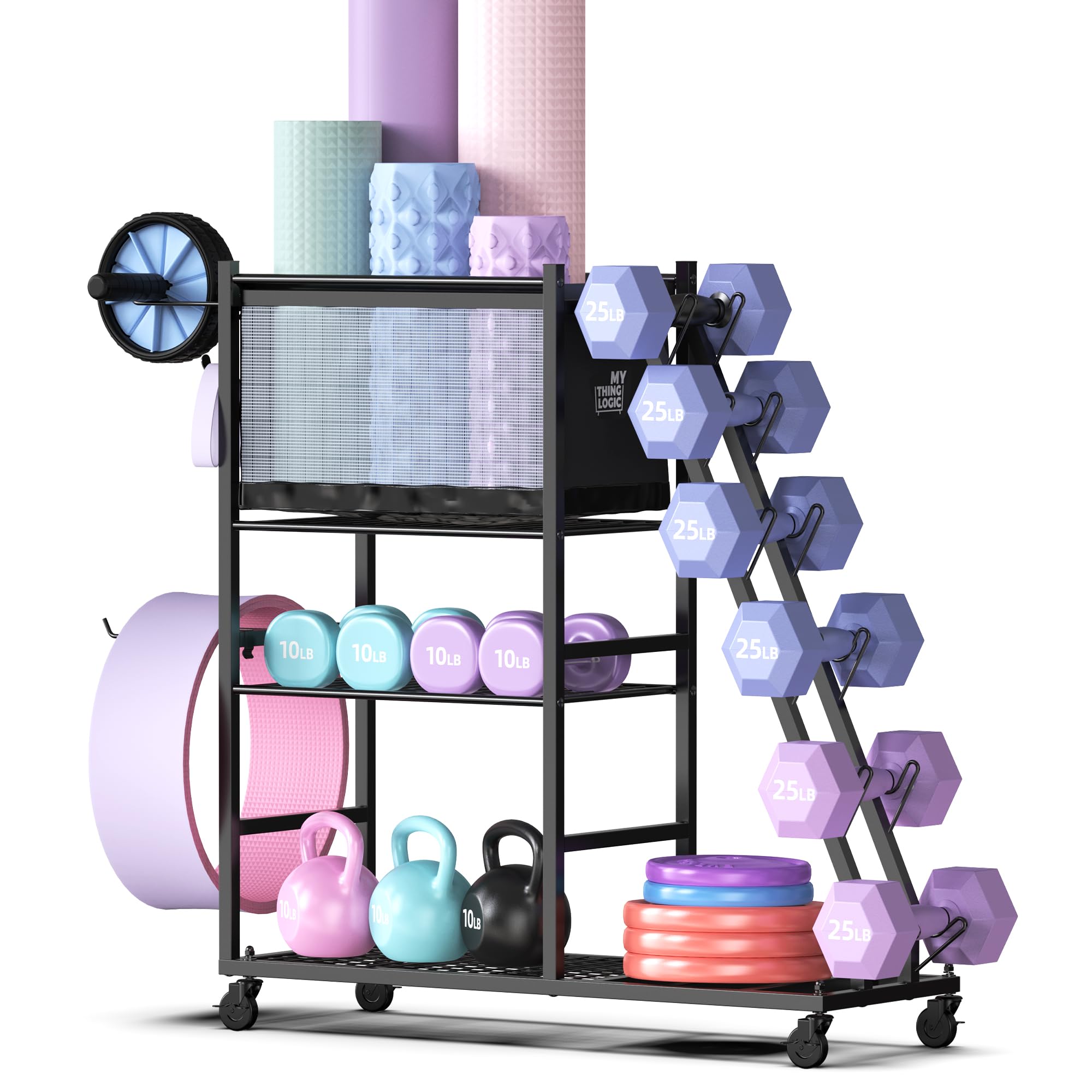 Mythinglogic Dumbbell Rack for Home Gym, Weight Rack for Dumbbells,Yoga Mat Holder for Yoga Mat and Kettlebells, Multifunctional Home Gym Storage Rack with Casters