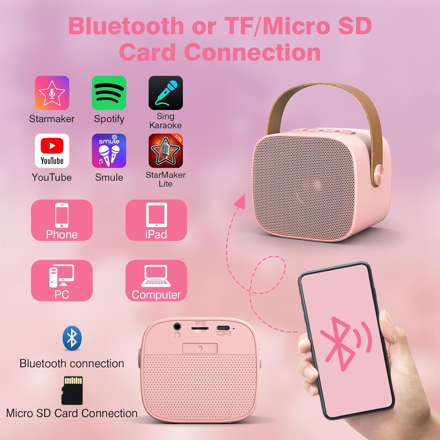 Karaoke Machine for Kids Adults, 2025 TOP Mini Portable Bluetooth Karaoke Speaker with 2 Wireless Microphones, Christmas Birthday for Girls Boys 3,4,5,6,7,8,9,10, 12+ Years Old Family Home Party Pink image 4 of 6 B0DMSBVKCR