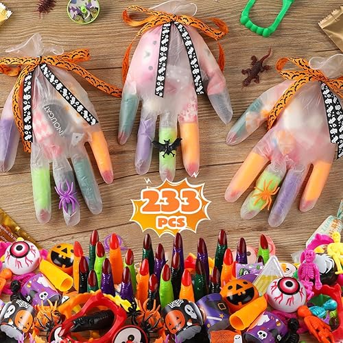 233PCS Halloween Party Favors - 24 Pack Halloween Gloves Toys Bulk Stuffed, Non-Candy Halloween Treat Bag Gifts for School Classroom Kids Toddlers Boys Girls Prizes Party Supplies