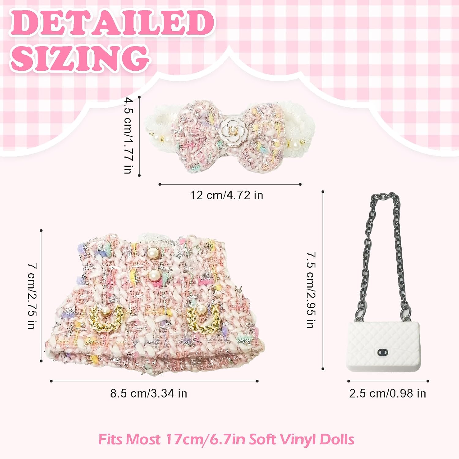 Clothes Compatible with Labubu Doll,Labubu Outfit Set - Pink Dress + Bow Headband + White Shoulder Bag for Labubu Dolls, Stylish Accessories for 17cm Labubu Doll, No Doll(Pink Camellia Dream)