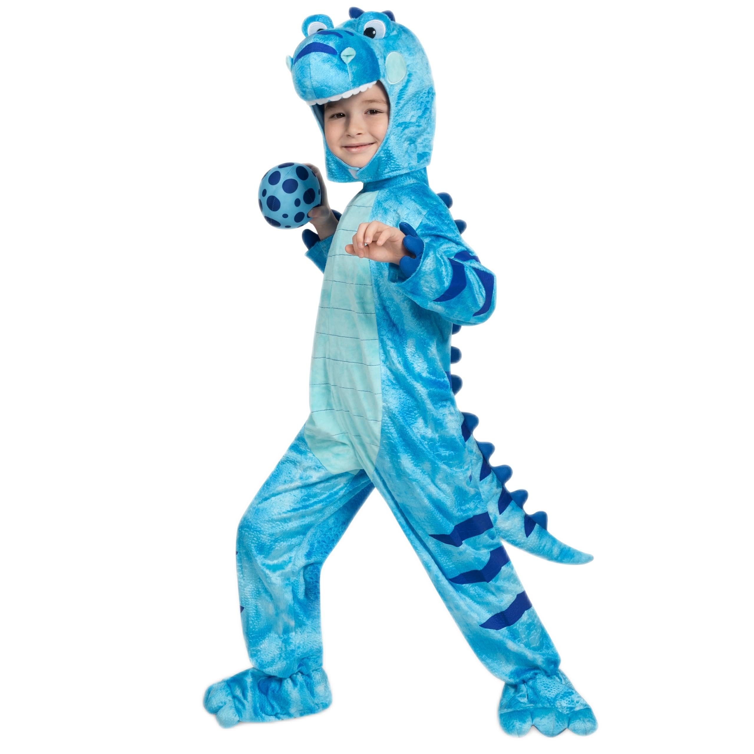 Spooktacular Creations Disfraz realista de T-Rex azul, disfraz de dinosaurio con huevo de juguete para niños pequeños, fiesta de disfraces de Halloween (3T (3-4 años))
