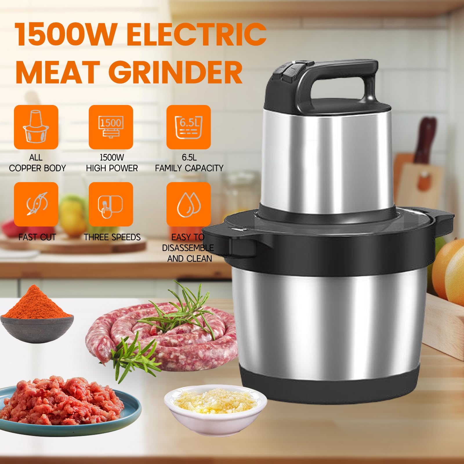Picadora De Carne Eléctrica Helicóptero 6L, Gran Capacidad 3 Engranajes Disponibles, Potente Motor De Cobre 1500W, Procesador De Alimentos De Acero Inoxidable, Para Uso Comercial O Doméstico