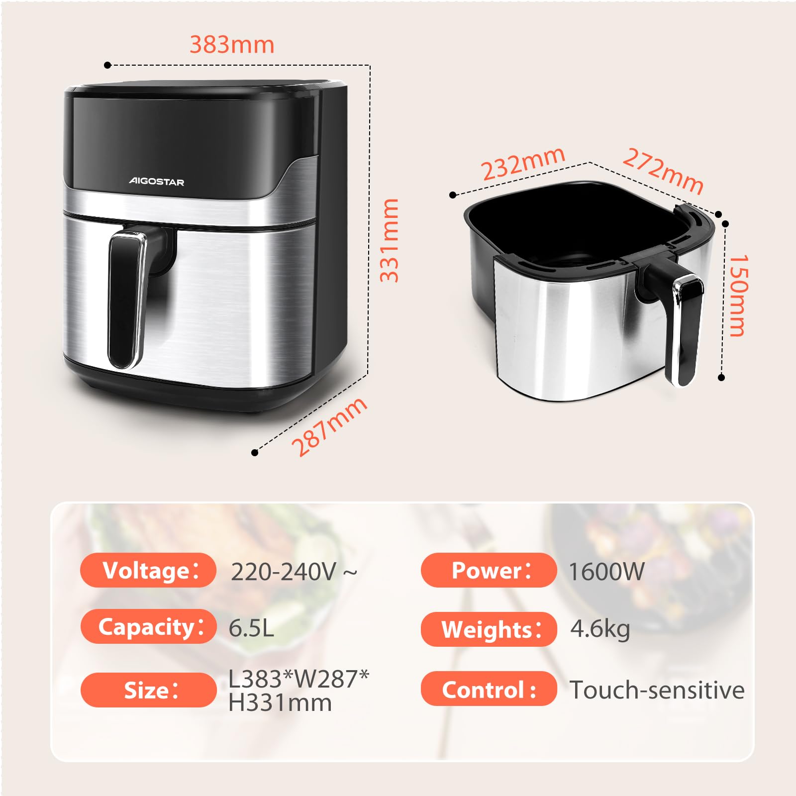 Aigostar XXL Heißluftfritteuse 6,5L mit Sichtfenster, 1600W Airfryer, Touchscreen, 12 Programme + intelligentes Vorheizen, Kompakt Fritteuse ohne Öl, Antihaftbeschichtet, Schwarz