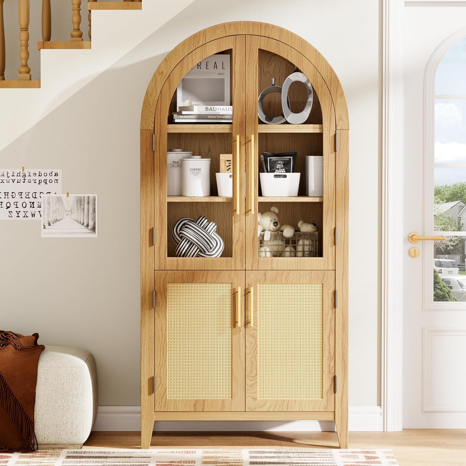 63" Arched Storage Cabinet with Glass & Rattan Door, 5-Tier Modern Farmhouse Kitchen Pantry Cabinet with Adjustable Shelf Arched Bookcase for Living Room Dining Room Office, Oak