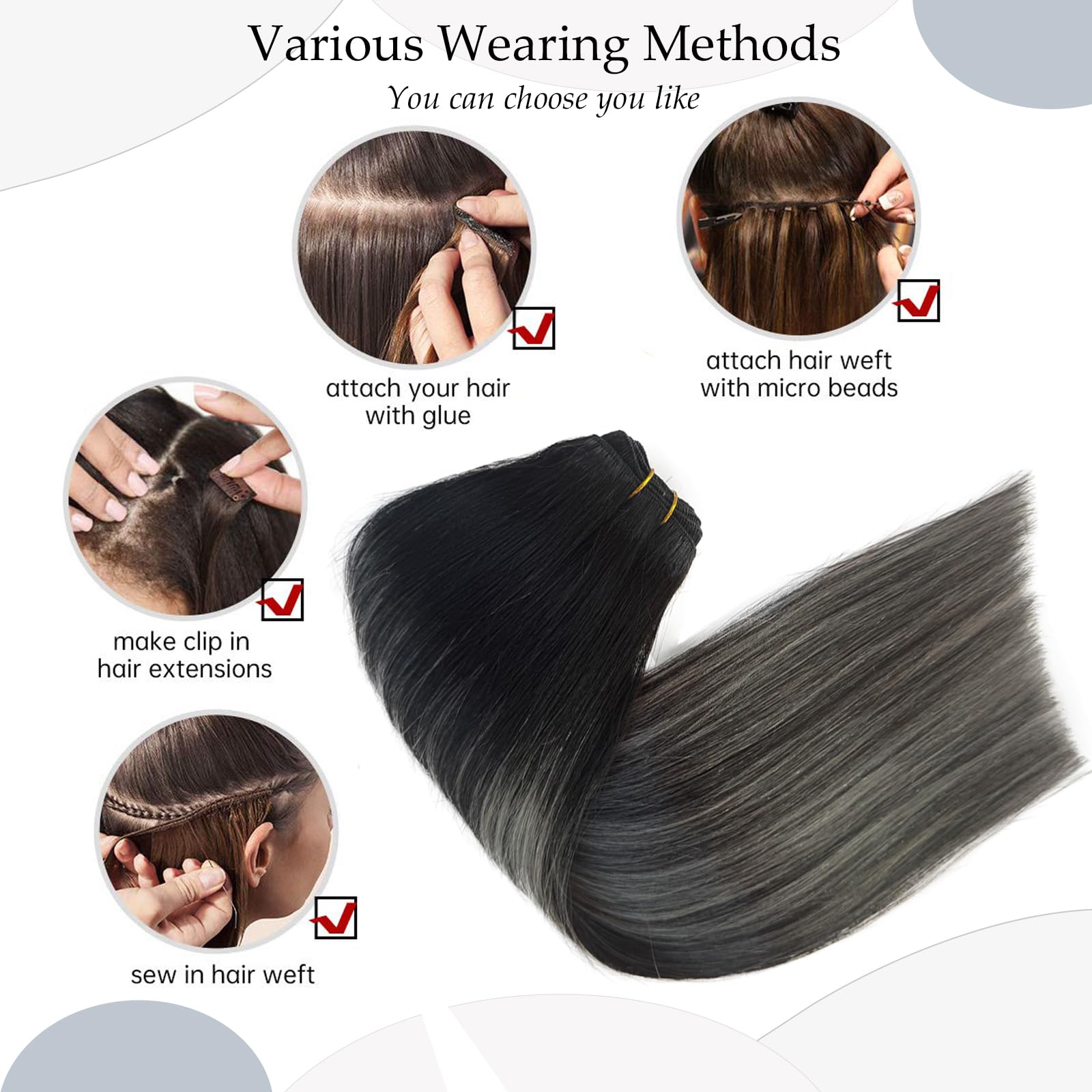 Black silver grey ombre real human hair extensions clip in balayage hairstyles Amazon.com : Sew in Hair Extensions Real Human Hair Wefts  main image 2