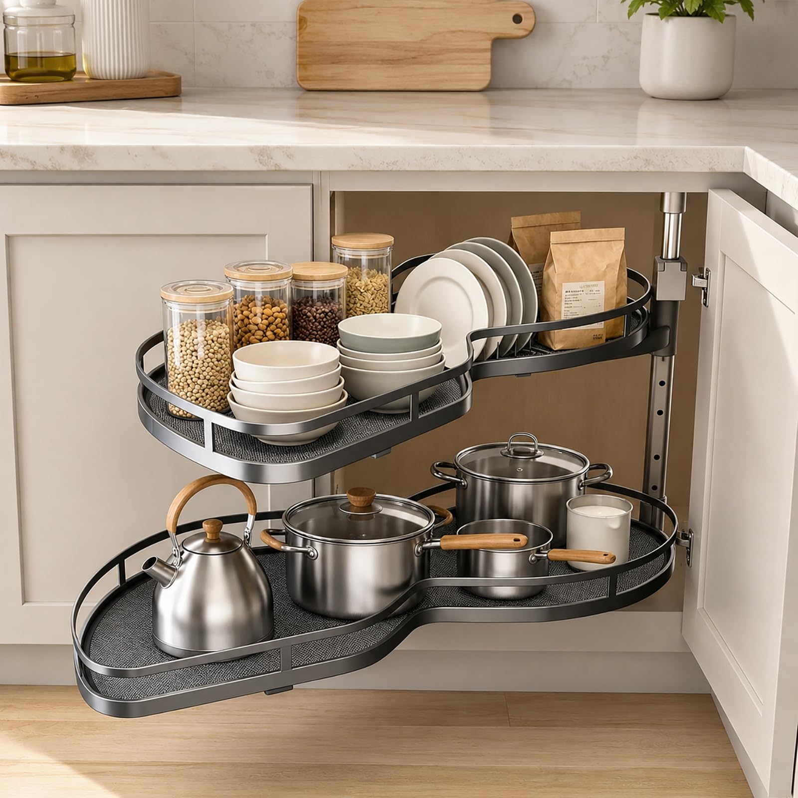 Lazy Susan Armoire d'angle robuste à 2 niveaux avec fermeture amortie réglable en hauteur, solution de rangement facile d'accès pour armoires de cuisine