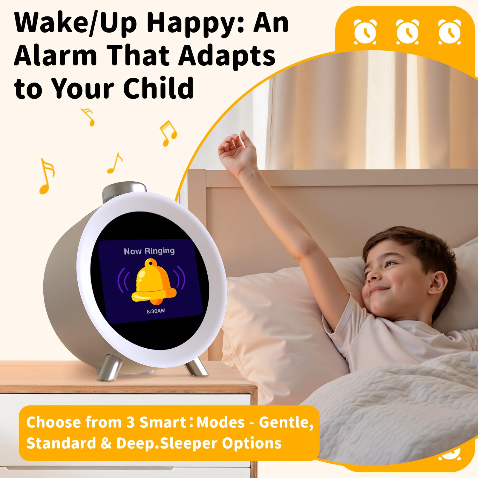 Dekala Despertador Infantil Caja Redonda con Pantalla IPS, Sensor De Temperatura & Humedad, Temas Interactivos, Sonidos De Sueño, Alarmas Personalizables para Niños Y Niñas (gris)