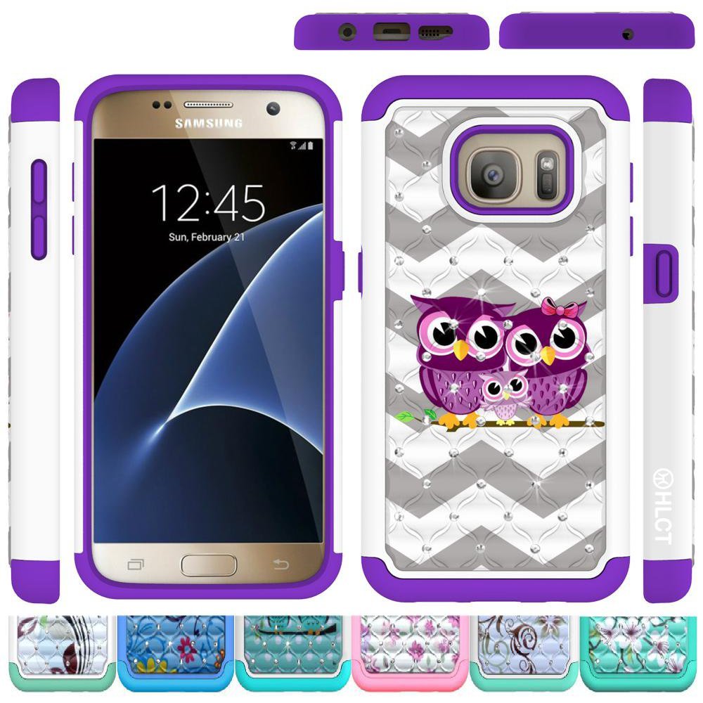 Samsung Galaxy S7 Case, HLCT Bling Diamond Rugged Shock Proof Dual Layer PC and Soft Silicone Case (Purple Owl)