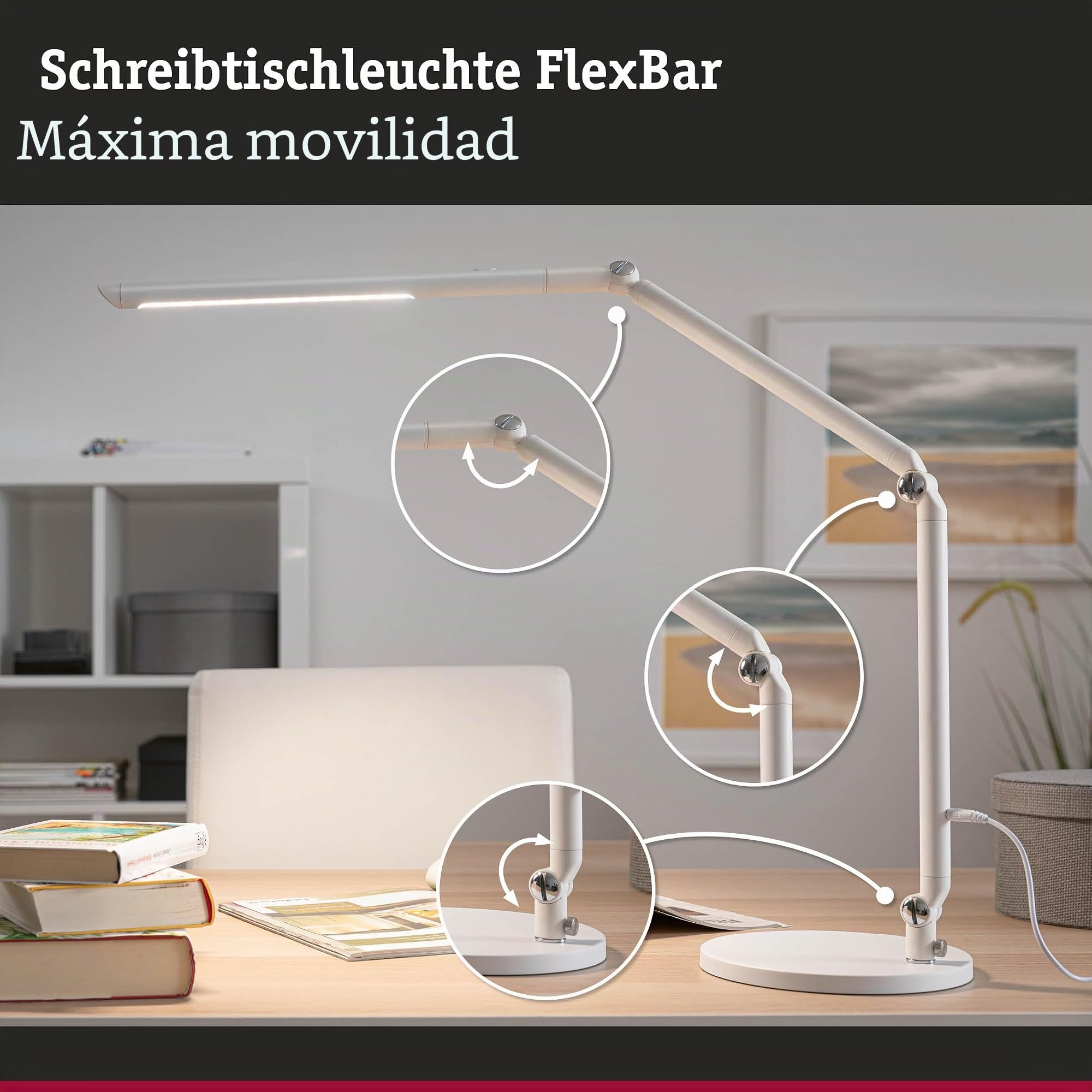 Paulmann 78911 Luminaria de escritorio LED FlexBar WhiteSwitch TunableWhite incl. lámparas auxiliares 1x10,6W, reg., blanco, luminaria sobremesa 3000K
