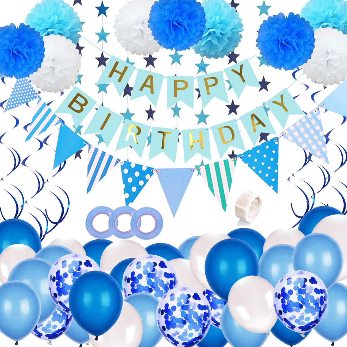 JSTC Birthday Decorations Boy and Men, Happy Birthday Banners Blue Party Balloons with 9pcs Paper Pom Poms, Bunting, 4 Meter Star Garland, 6pcs Hanging Swirls, 36pcs Birthday Balloons Pack.