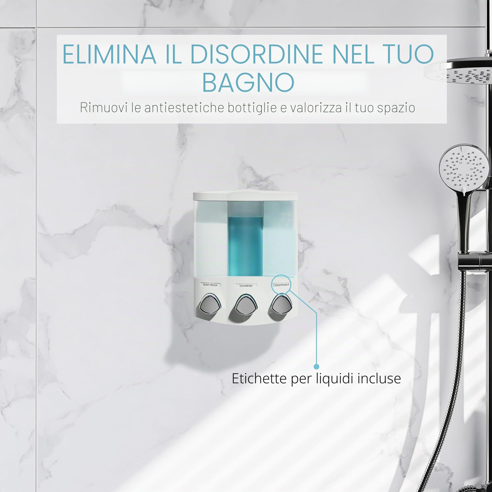Aviva Better Living Euro Series Trio, Dispenser a Tre sezioni per Sapone e bagnoschiuma, Cromato, Plastica ABS, White, 3-Chamber