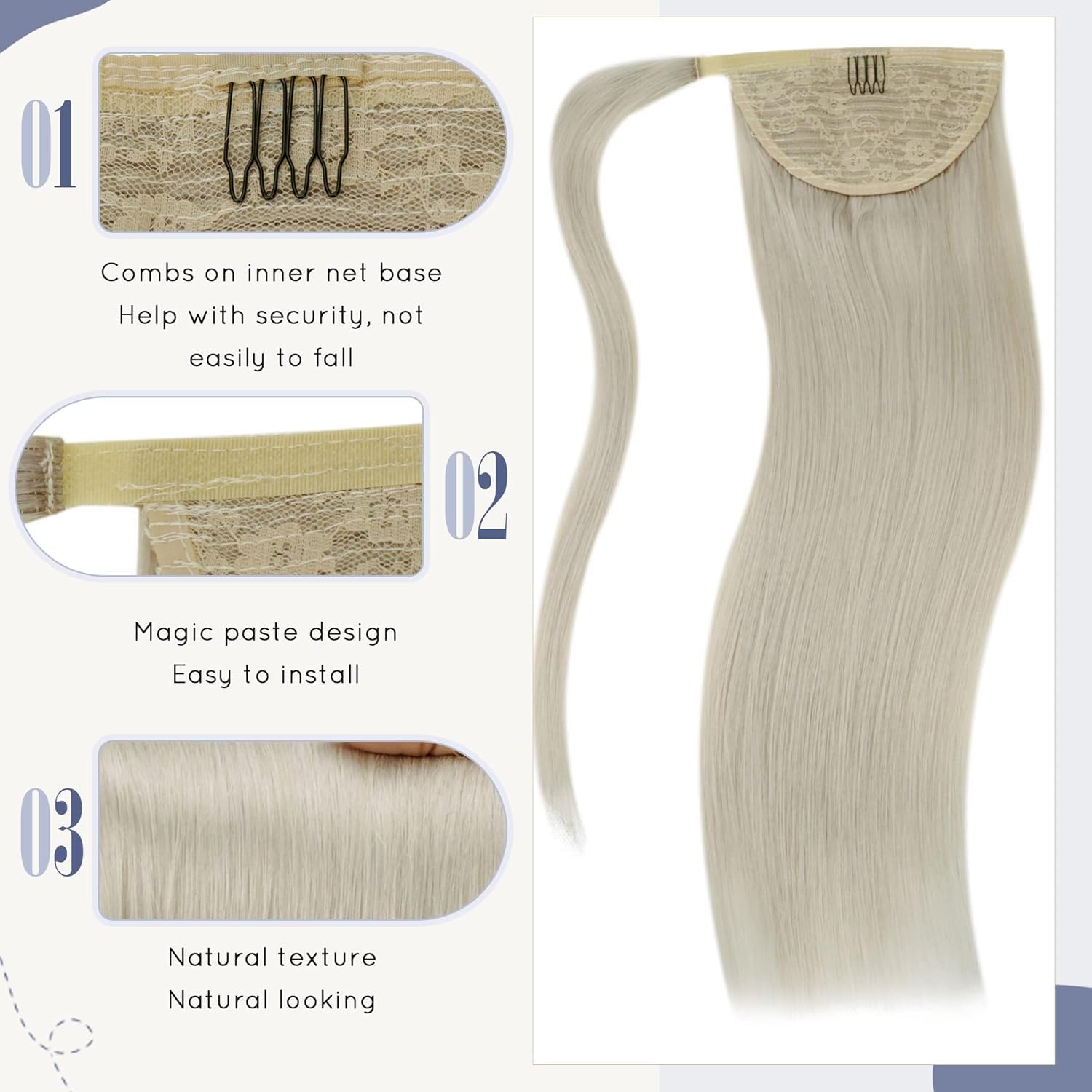 LaaVoo Pony Tail Extensions Real Human Hair 16 Inch 80g White Blonde Remy Straight Ponytail hair Extensions #60 - Image 2