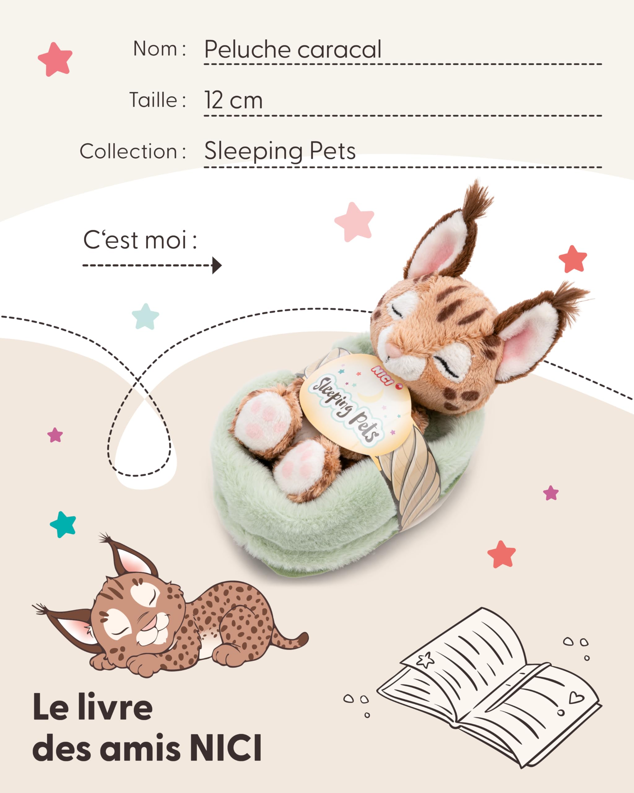 NICI Peluche Caracal Durmiendo En Cestita – 12 Cm, Marrón Con Manchas, Ojos Bordados, Suave Y Reciclado, Regalo Adorable