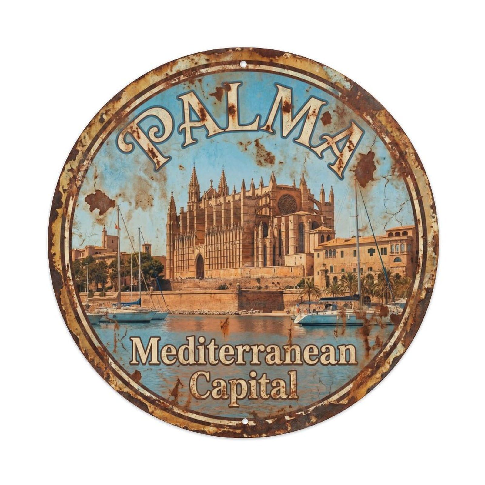 Vintage Travel Palma Cathedral Seafront Metal Tin Sign Plaque