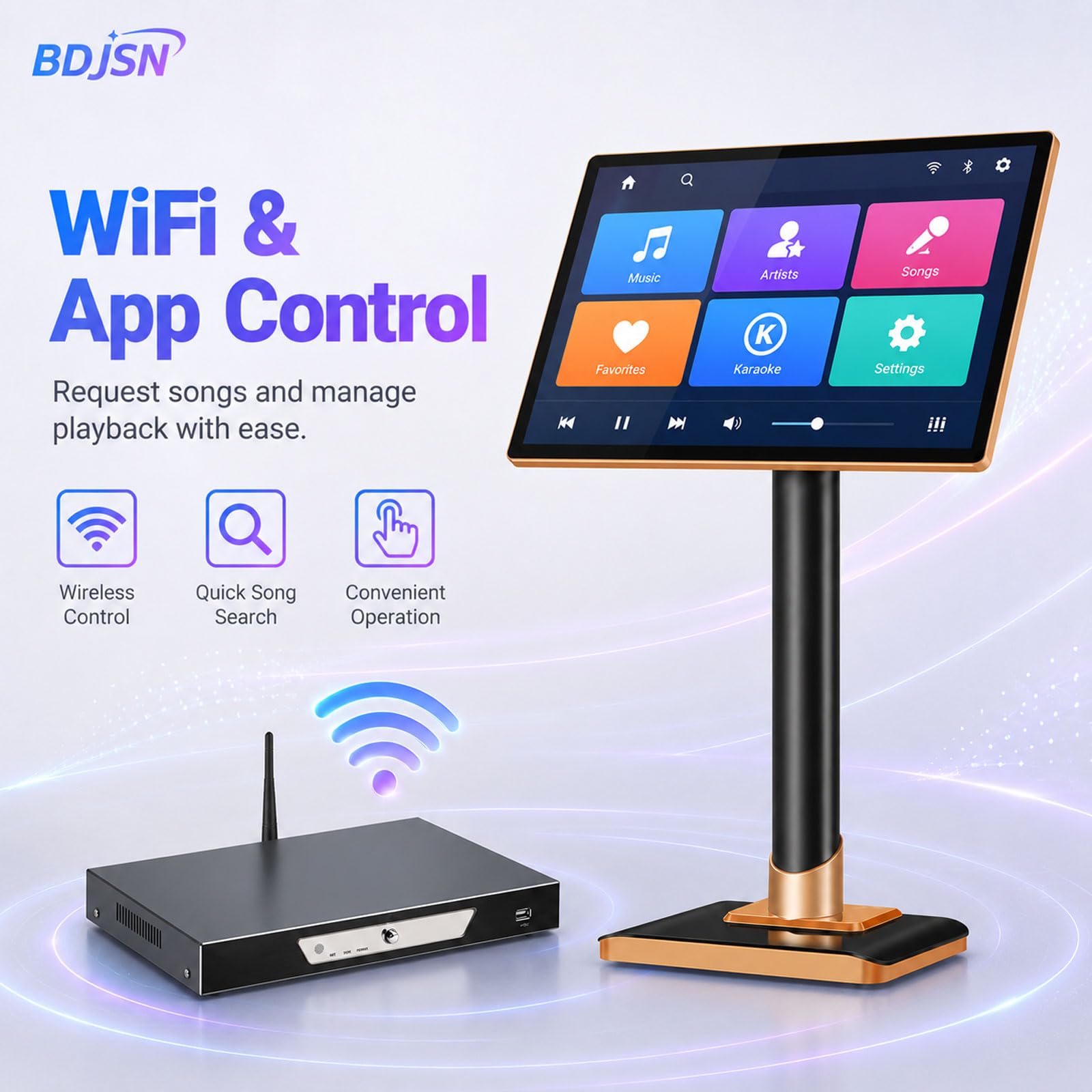 Sistema Karaoke con Schermo Touch 4k da 19 Pollici, 2 Microfoni Wireless E Ricevitore. Controllo Brani Tramite App Wi-Fi, Memoria 3 TB, Multilingue. Adatto per Casa, Bar E Feste