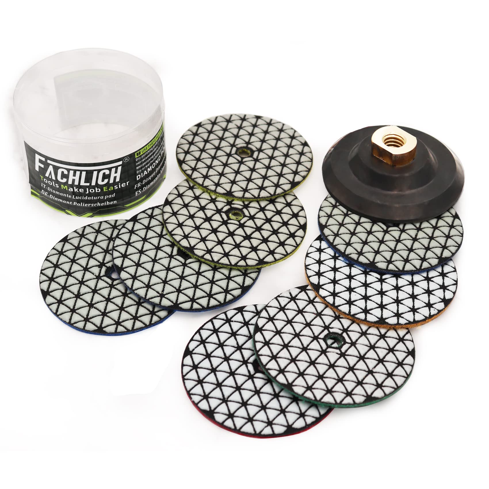 FACHLICH Dry Diamond Polishing Pads,9pcs/kit 100mm Mixed Grits 3x50,2x100,1x200,1x400,1x800 and 1pc Rubber Backer for Granite,Marble,Quartz Stone Countertop